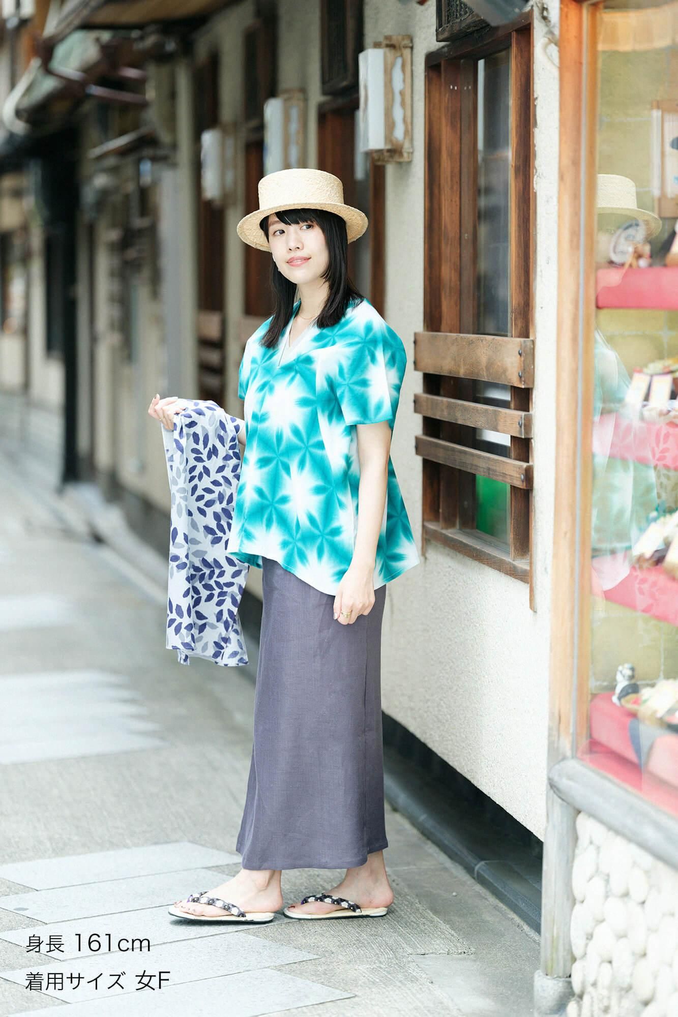 伊勢木棉有松鳴海紮染文方形上衣拼接張正雪花Ri / 綠色 4