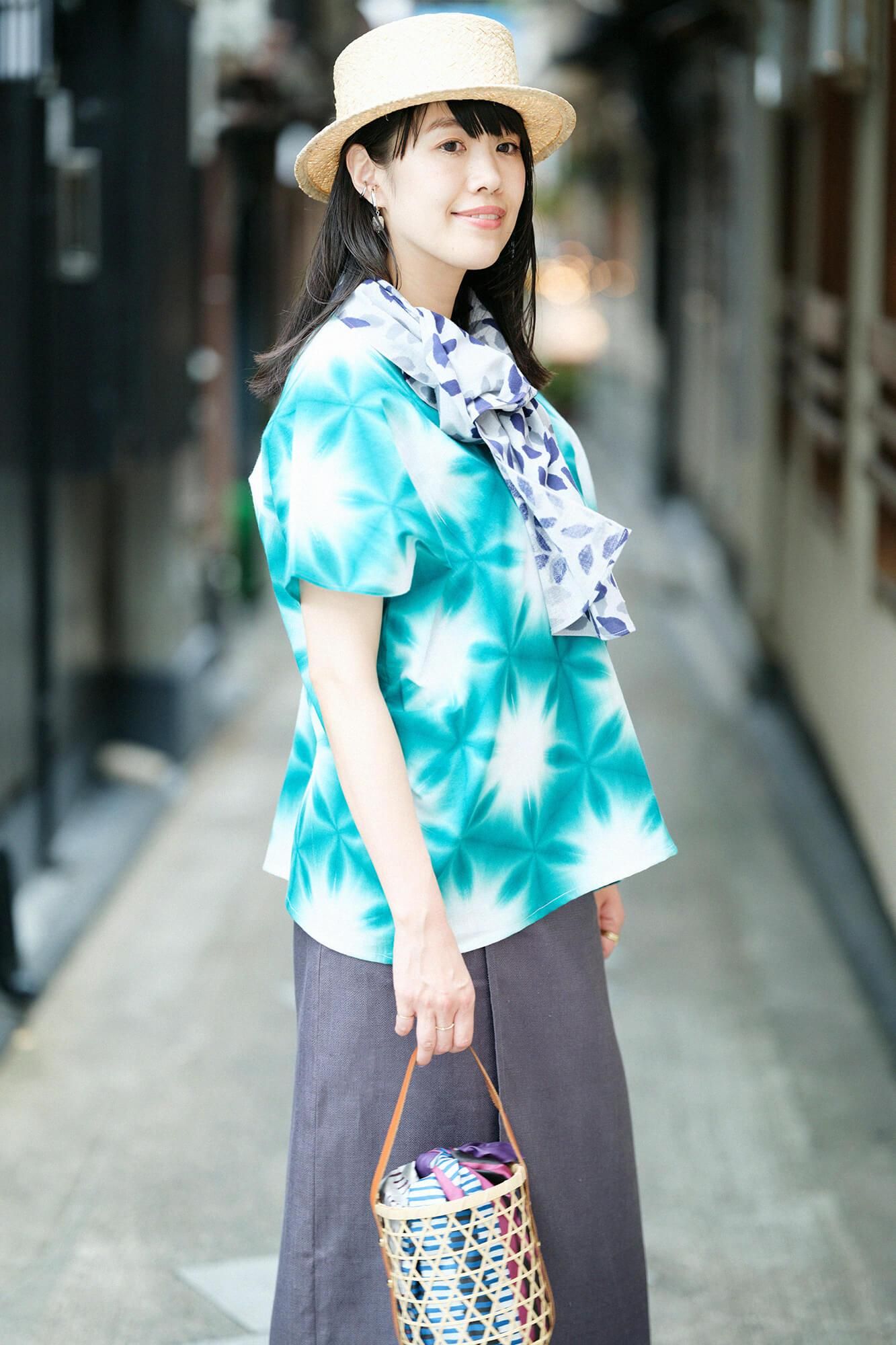 伊勢木棉有松鳴海紮染文方形上衣拼接張正雪花Ri / 綠色 4