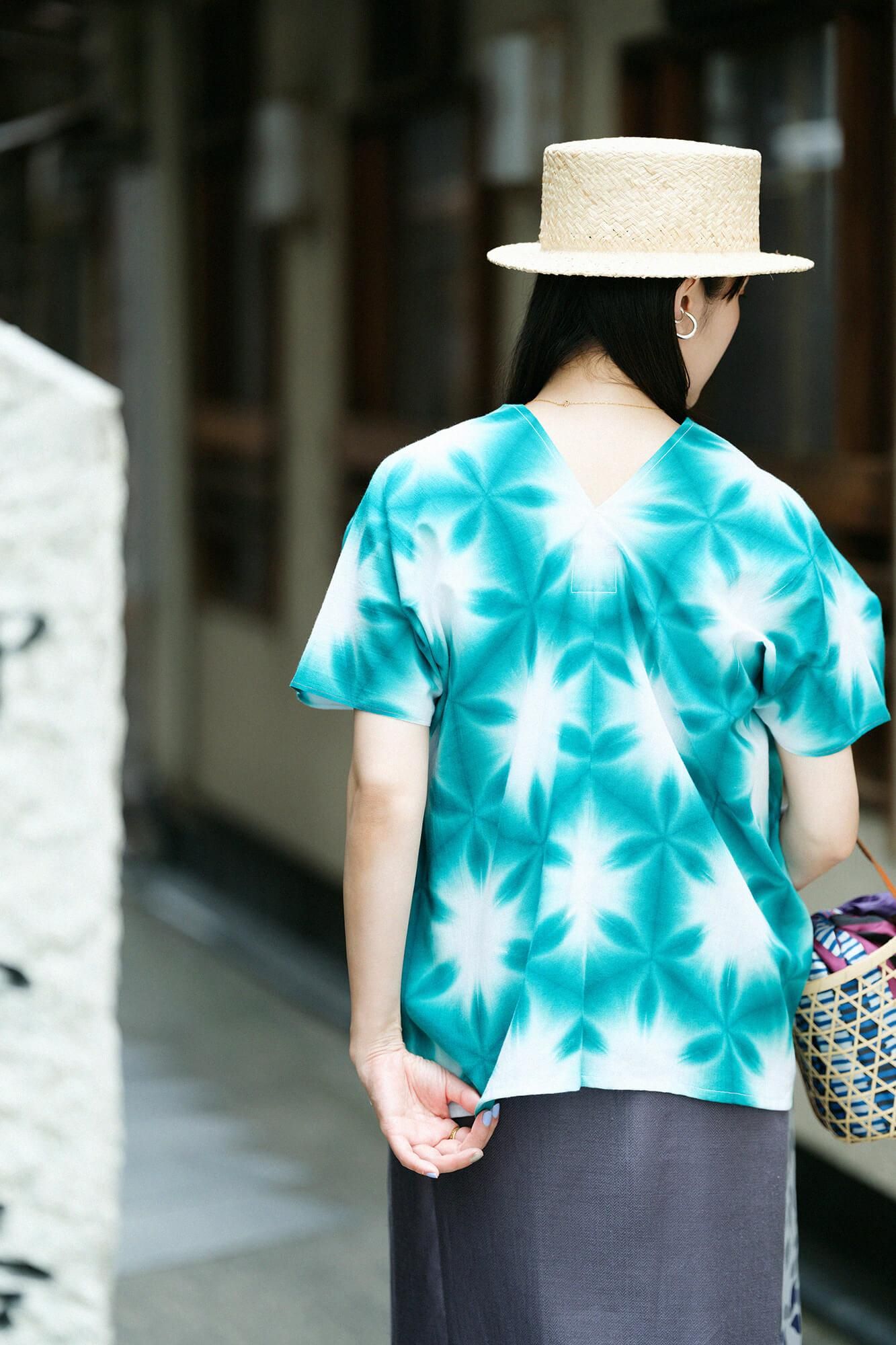 伊勢木棉有松鳴海紮染文方形上衣拼接張正雪花Ri / 綠色 4