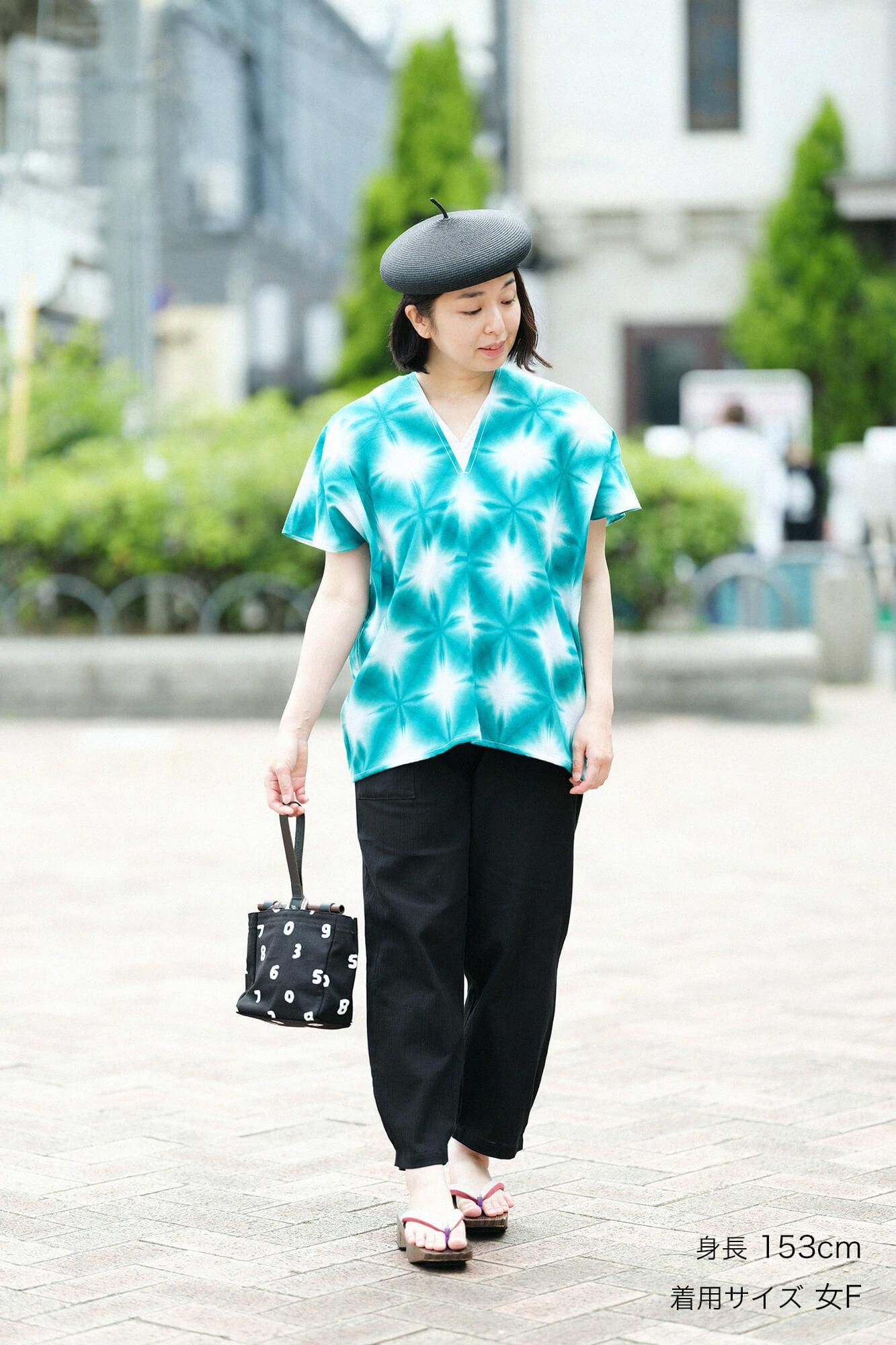 伊勢木棉 有松鳴海紮染 文 方形上衣 拼接/張正 雪花 綠色5