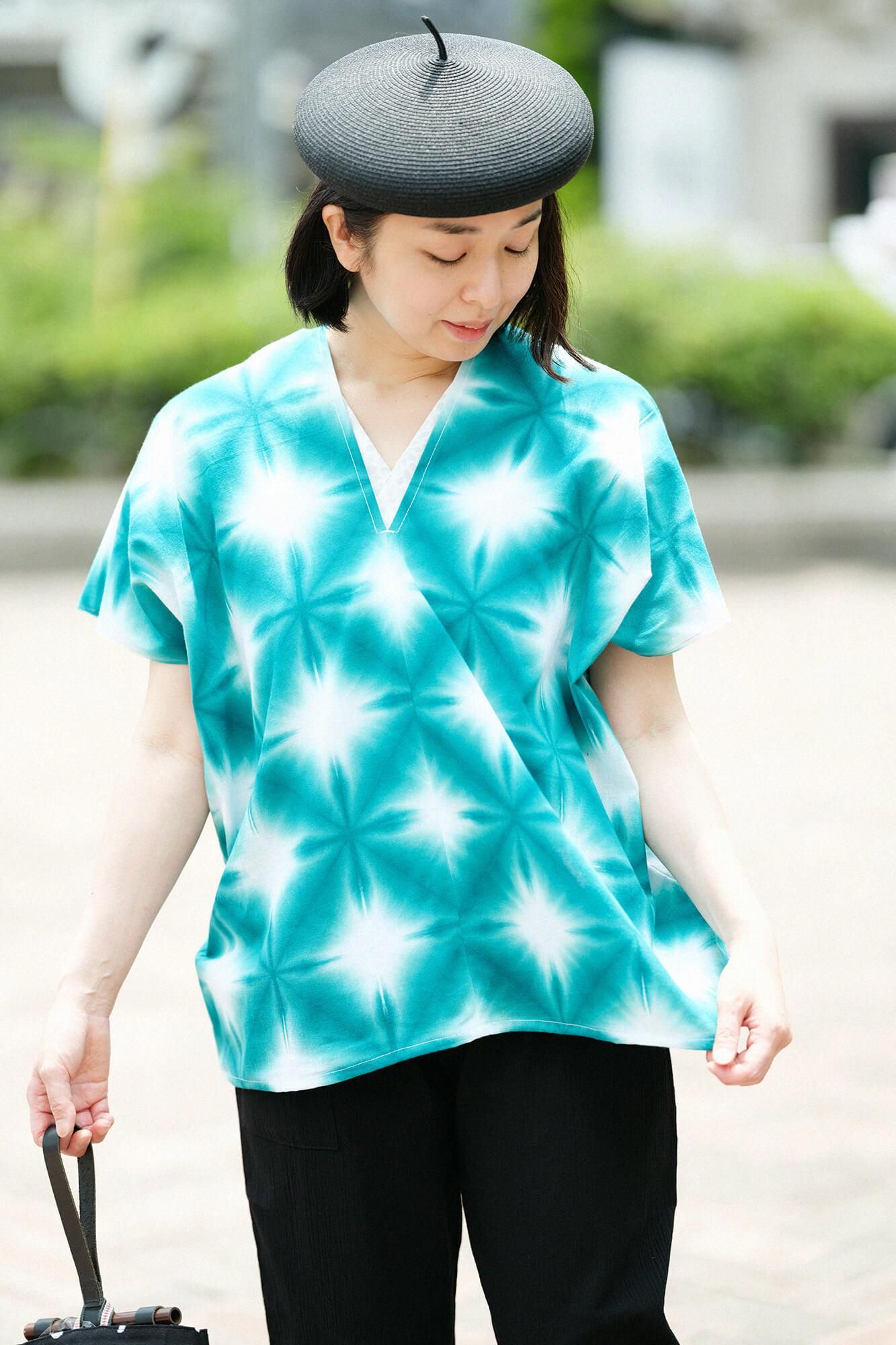 伊勢木棉 有松鳴海紮染 文 方形上衣 拼接/張正 雪花 綠色5