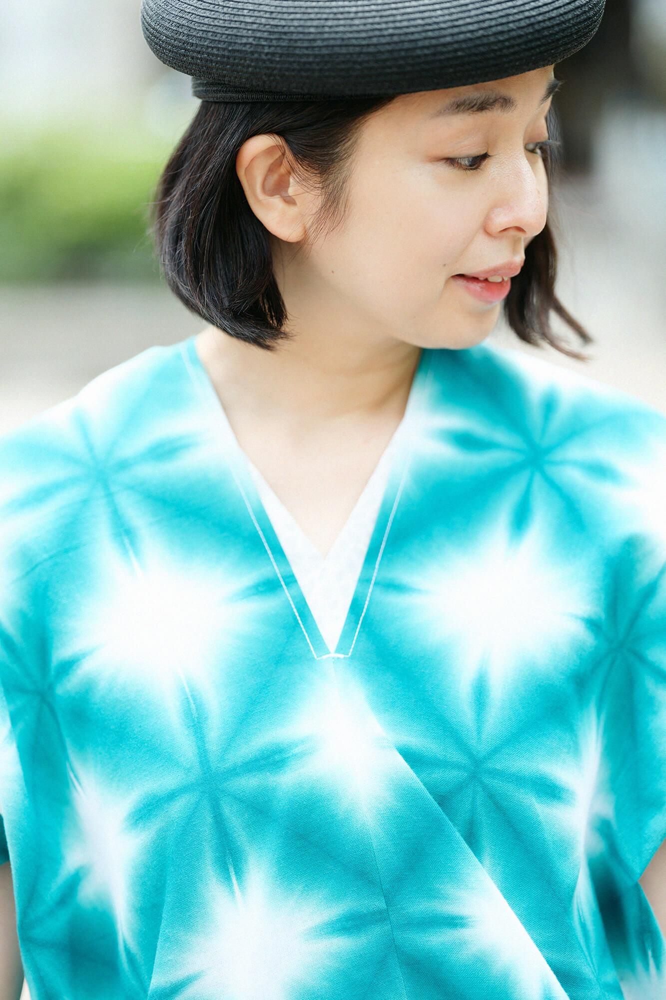 伊勢木棉 有松鳴海紮染 文 方形上衣 拼接/張正 雪花 綠色5