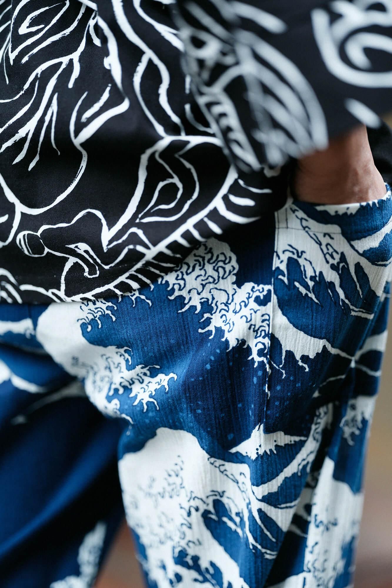 高島縮棉 20/20 藍捺染 哈倫褲/北齋 神奈川沖浪裏 再現