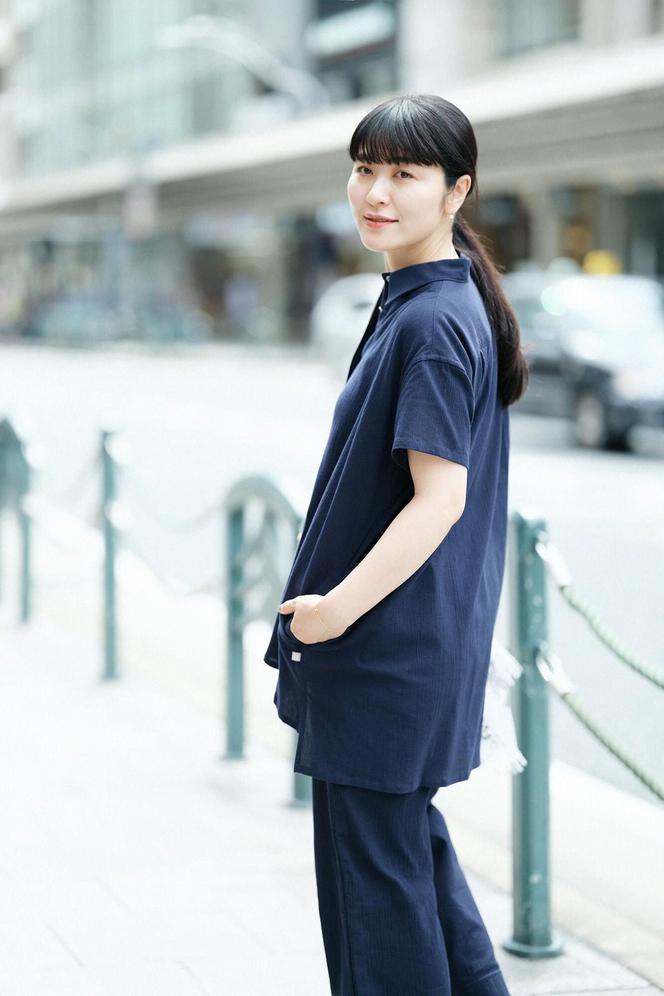 Chizimi Cotton 20/20 Gran Tunic Short Sleeve Shirt / Dark Blue