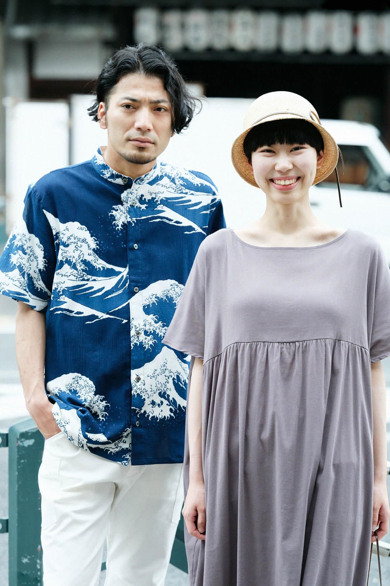 高島縮棉 20/20藍捺染立領短袖襯衫 SP /北齋神奈川沖浪裏 再現