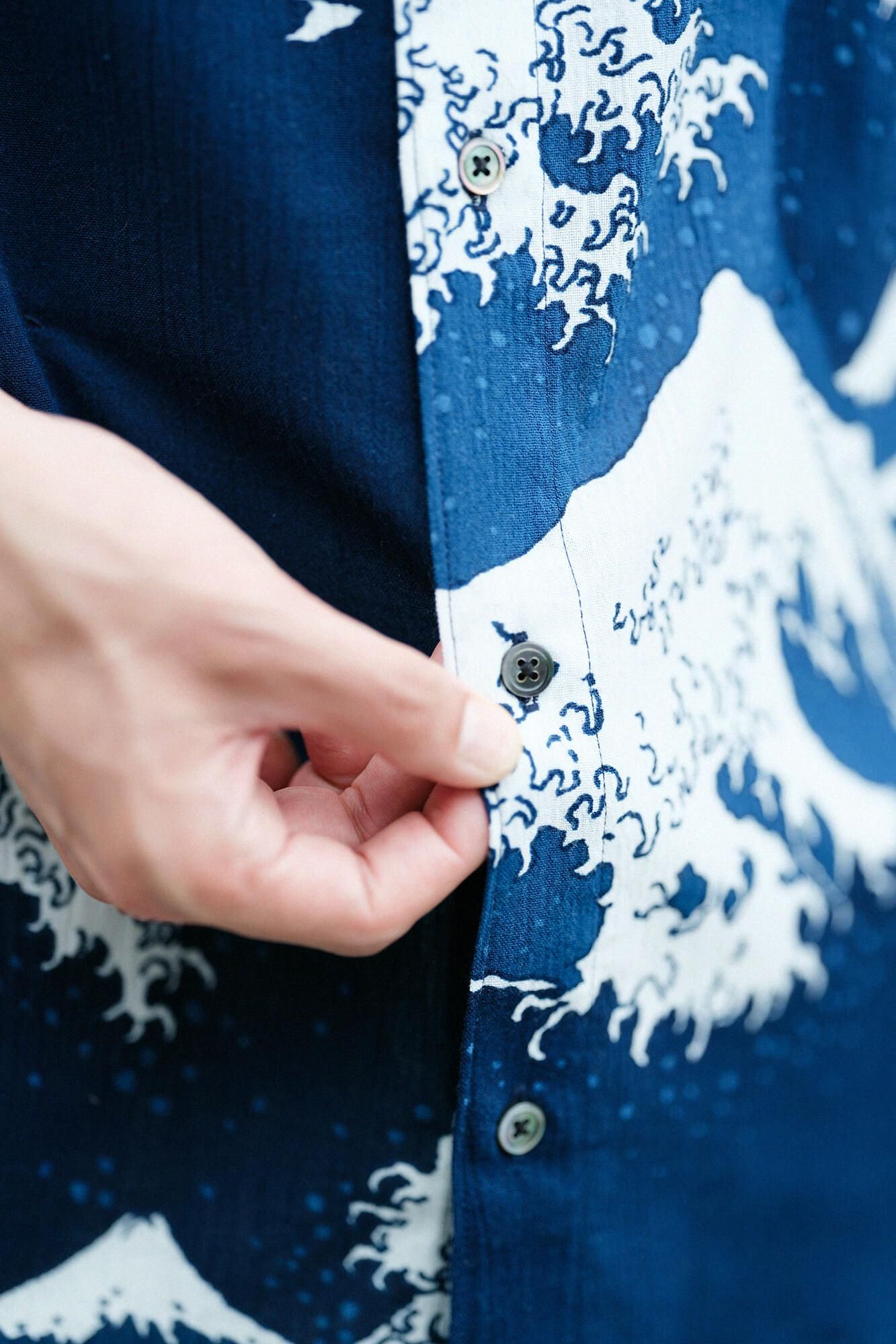 高島縮棉 20/20藍捺染立領短袖襯衫 SP /北齋神奈川沖浪裏 再現