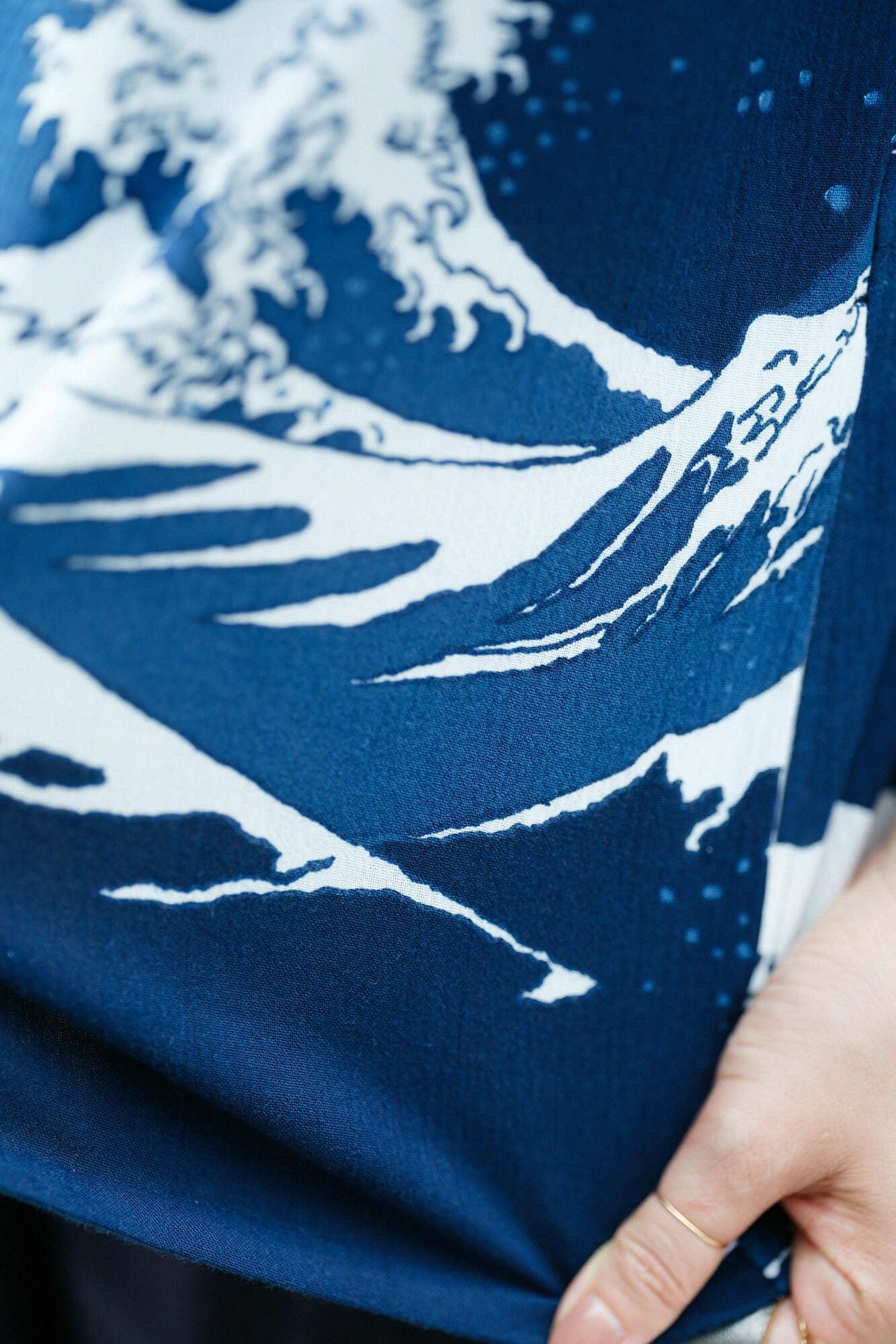 高島縮棉 20/20藍捺染立領短袖襯衫 SP /北齋神奈川沖浪裏 再現
