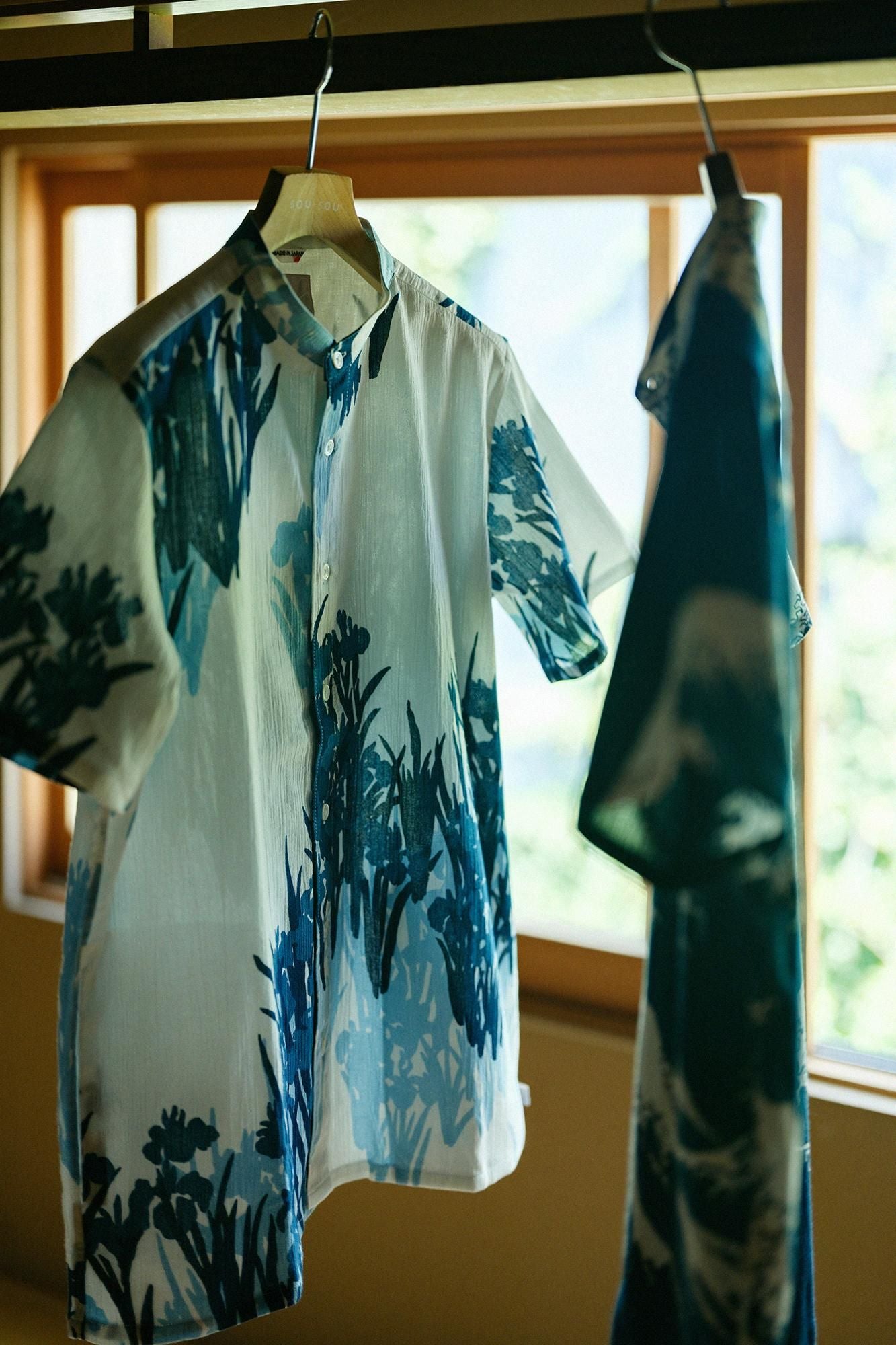 高島縮棉 20/20 藍捺染 立領短袖襯衫 SP / 尾形光琳 燕子花圖屏風 再現