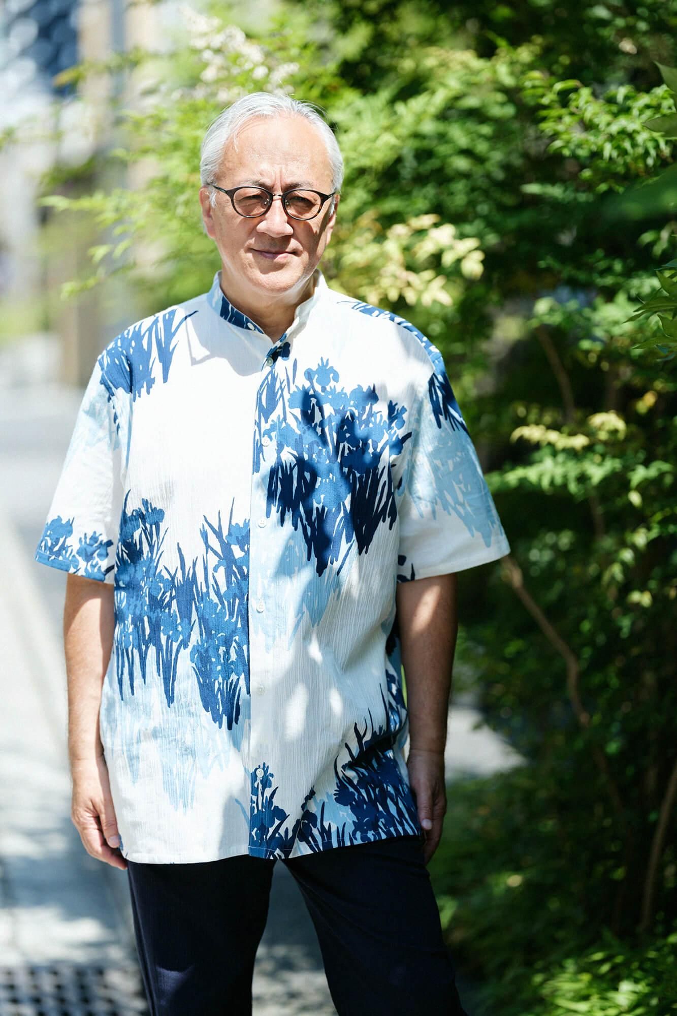 高島縮棉 20/20 藍捺染 立領短袖襯衫 SP / 尾形光琳 燕子花圖屏風 再現