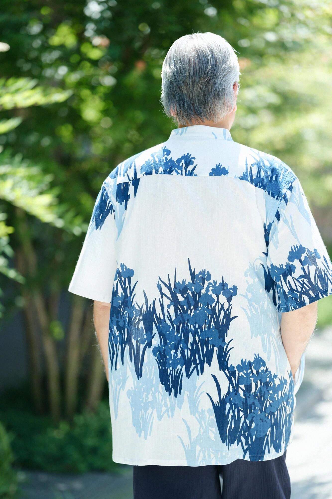 高島縮棉 20/20 藍捺染 立領短袖襯衫 SP / 尾形光琳 燕子花圖屏風 再現