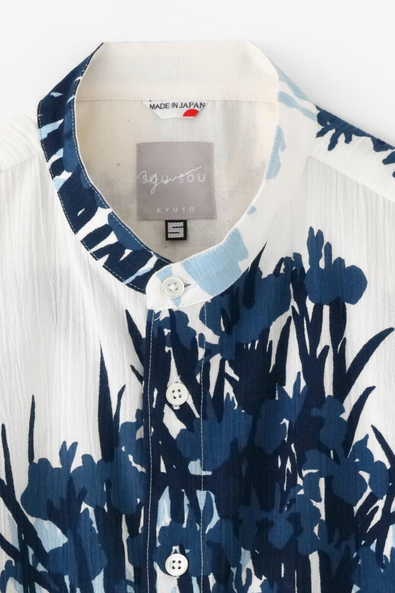 高島縮棉 20/20 藍捺染 立領短袖襯衫 SP / 尾形光琳 燕子花圖屏風 再現