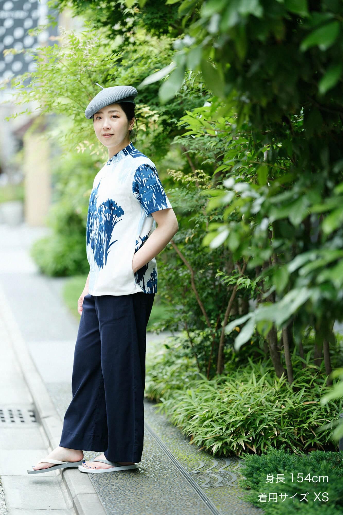 高島縮棉 20/20 藍捺染 立領短袖襯衫 SP / 尾形光琳 燕子花圖屏風 再現