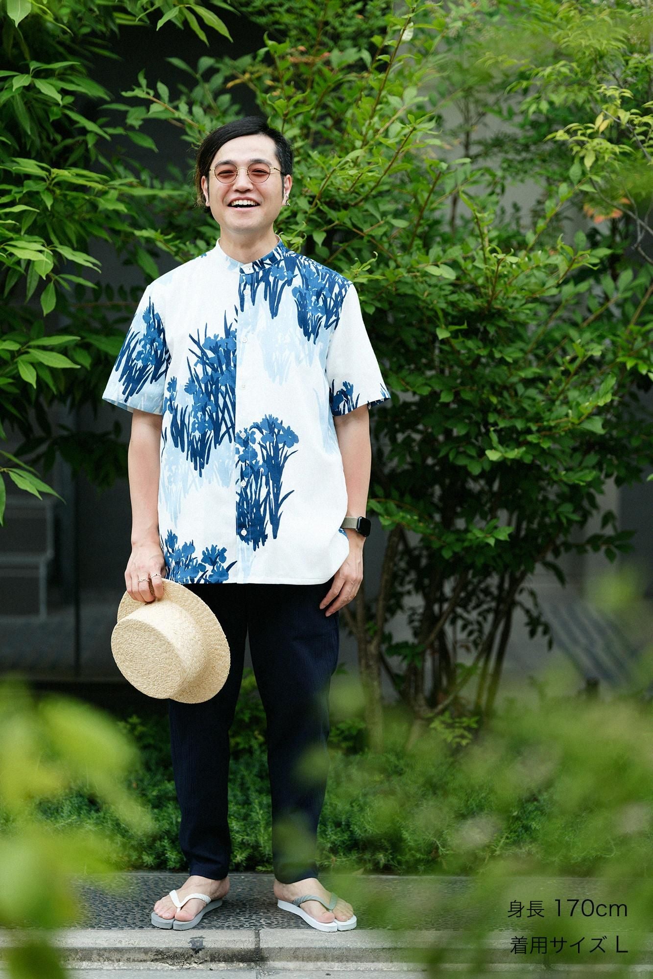 高島縮棉 20/20 藍捺染 立領短袖襯衫 SP / 尾形光琳 燕子花圖屏風 再現