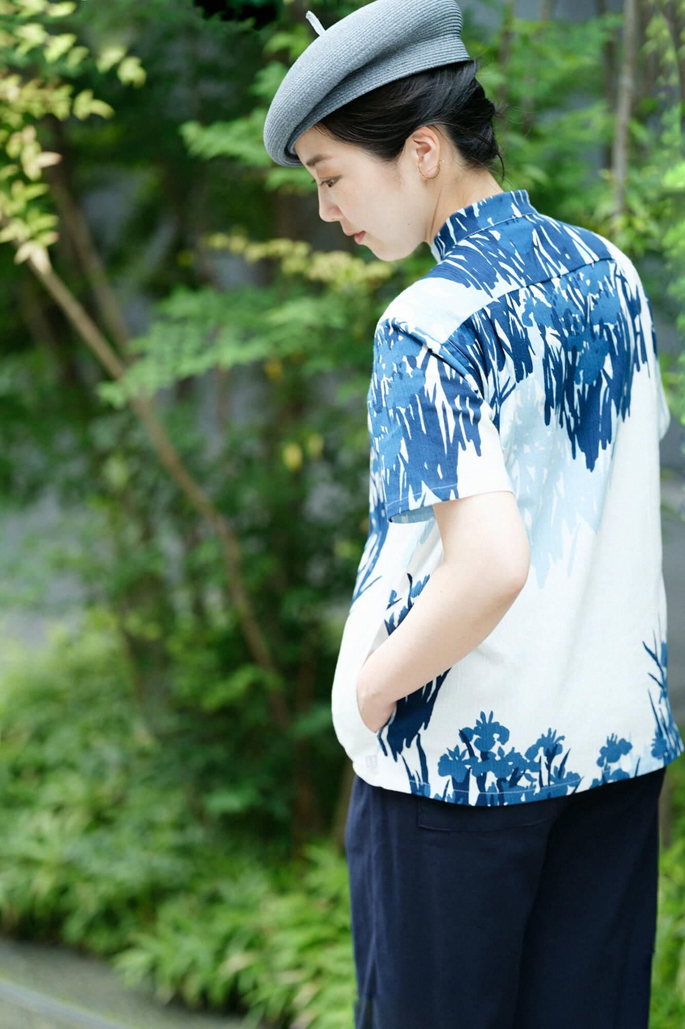 高島縮棉 20/20 藍捺染 立領短袖襯衫 SP / 尾形光琳 燕子花圖屏風 再現