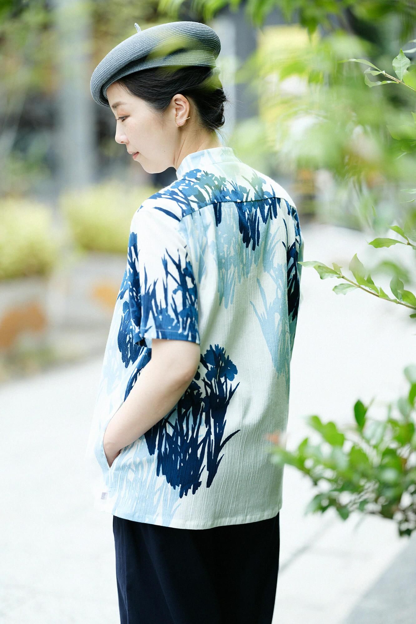 高島縮棉 20/20 藍捺染 立領短袖襯衫 SP / 尾形光琳 燕子花圖屏風 再現