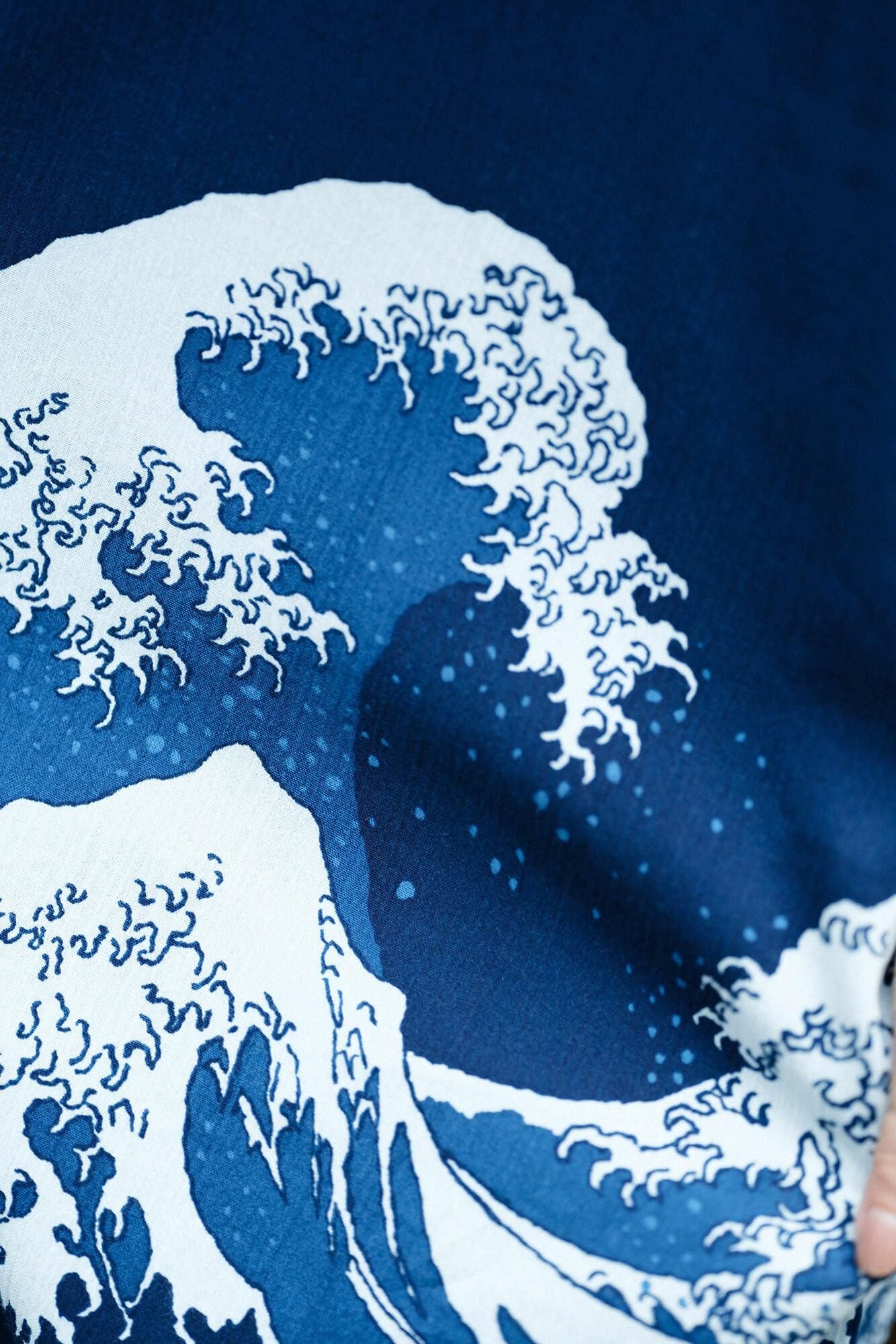 高島縮棉 20/20藍捺染長方形洋裝/北齋 神奈川沖浪裏 再現