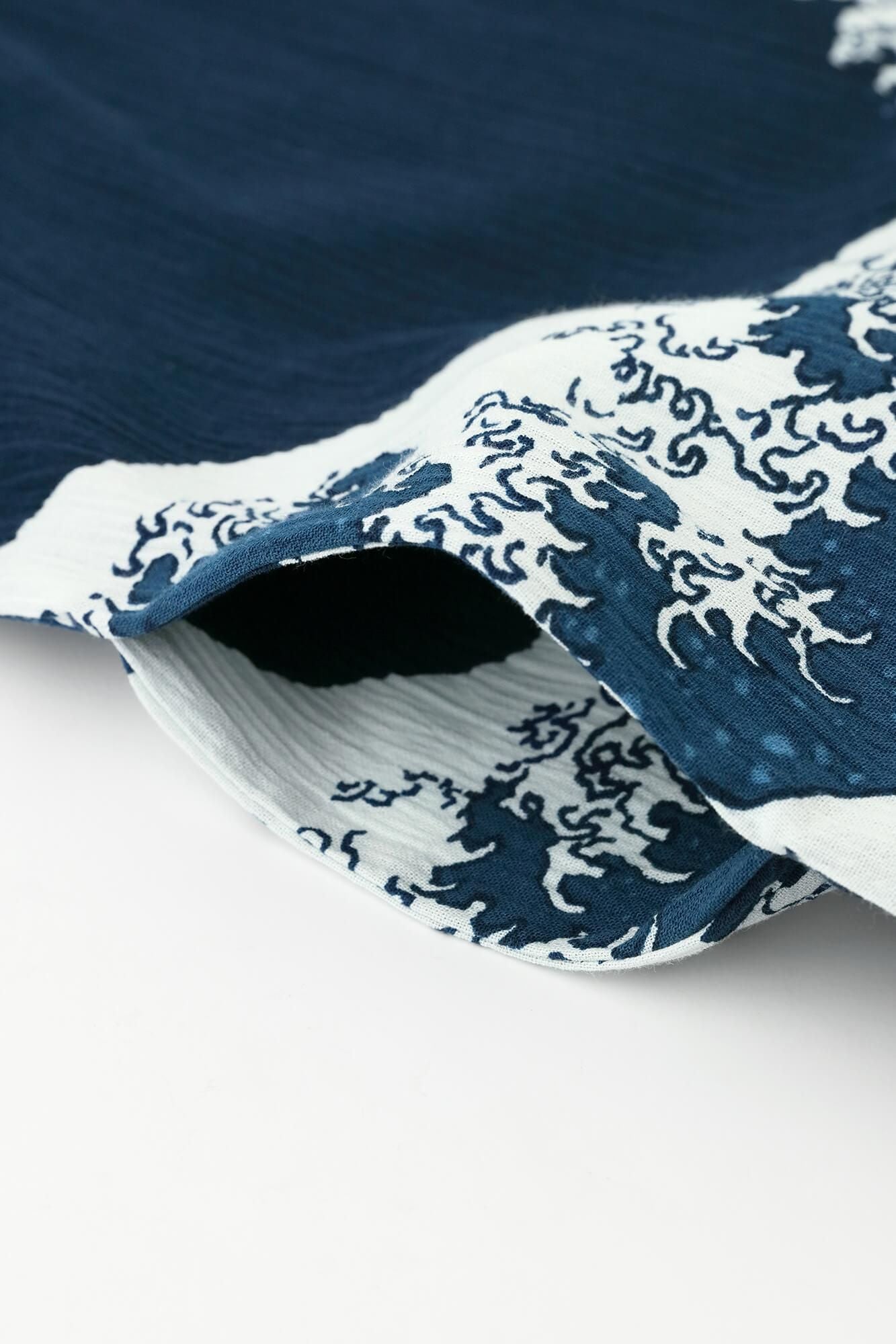 高島縮棉 20/20藍捺染長方形洋裝/北齋 神奈川沖浪裏 再現