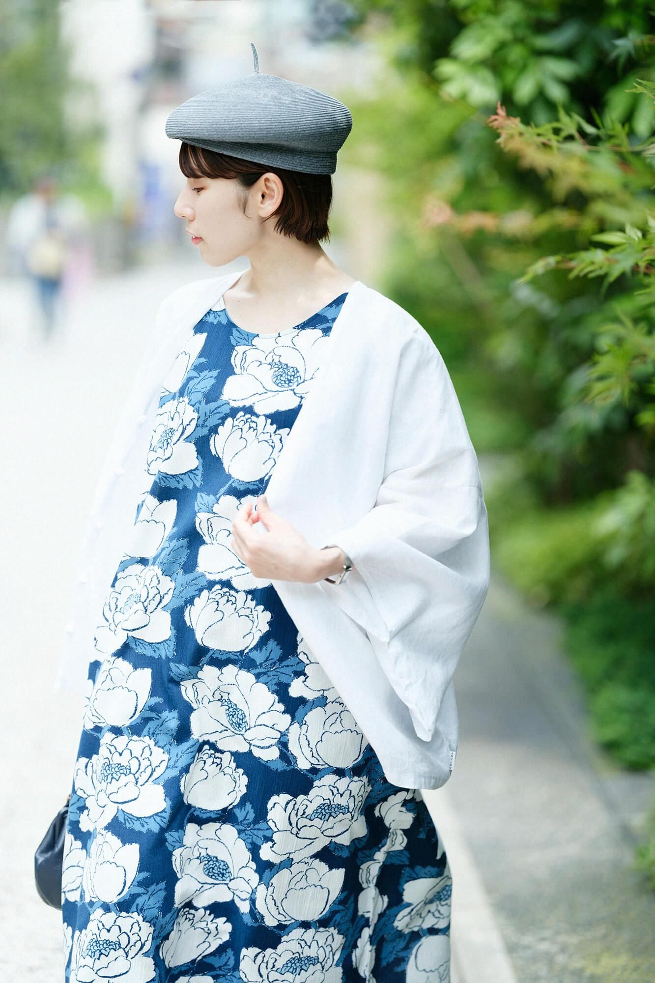 高島縮棉 20/20藍捺染長方形洋裝/牡丹華