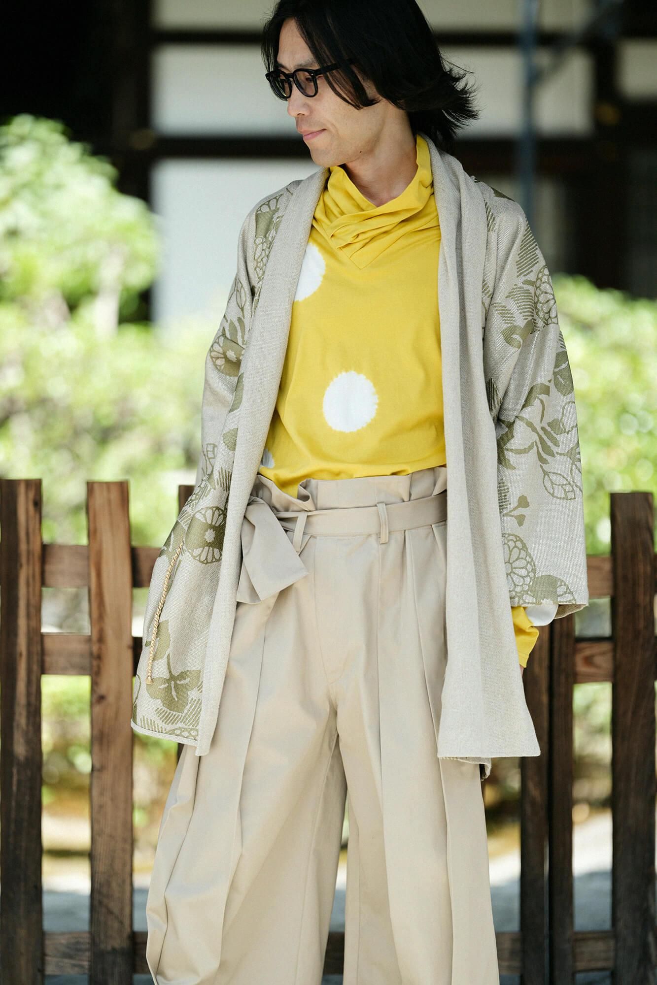 근청 시보리 양면 아미 에리마키지반/물방울 황금색 (공작새) x 유백색