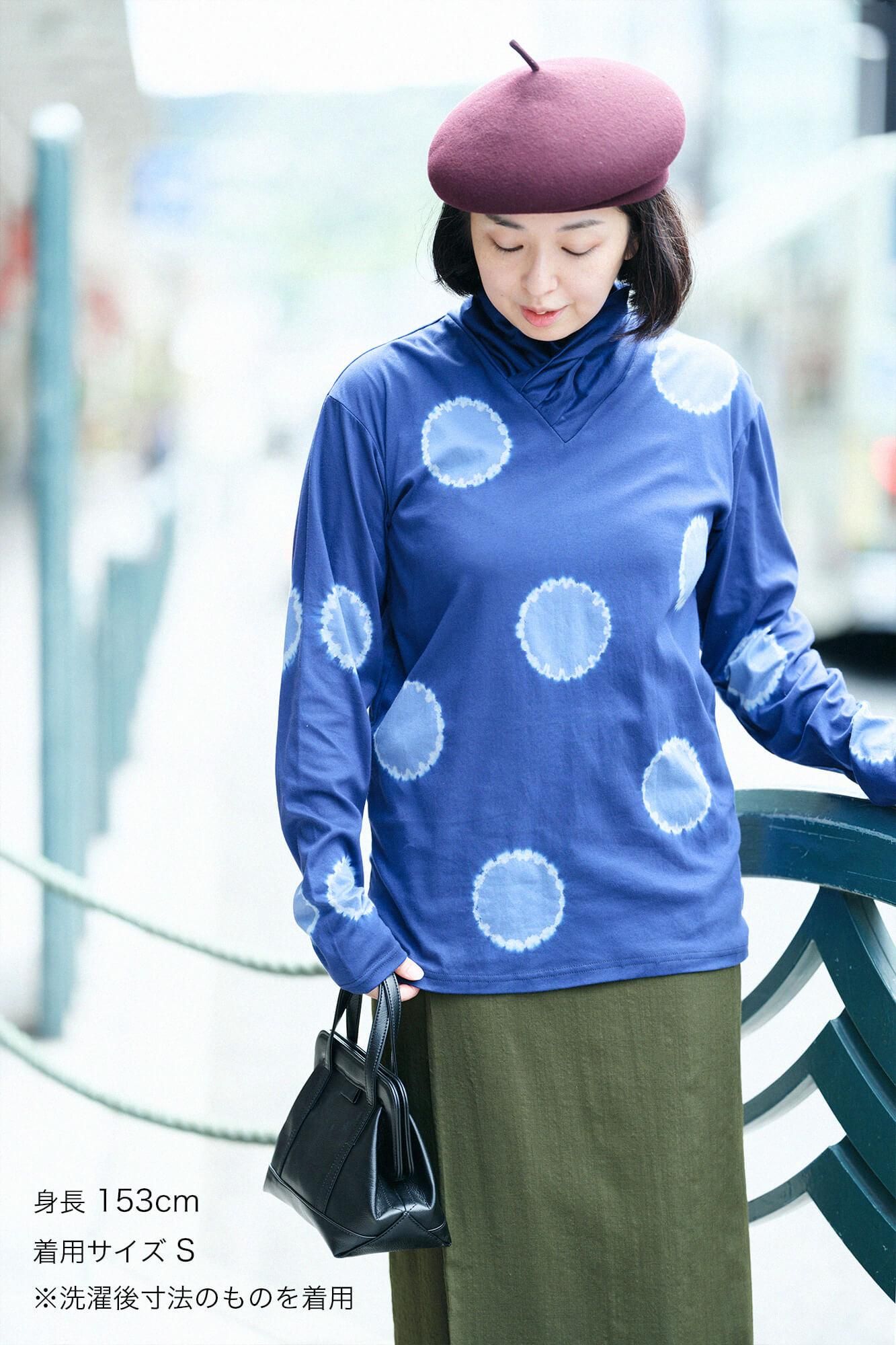 近清紮染 雙面編 高領上衣/大圓點 寶藍色×淺紫色