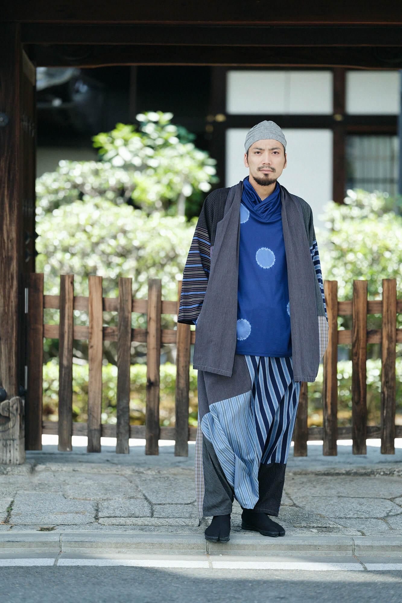 近清紮染 雙面編 高領上衣/大圓點 寶藍色×淺紫色