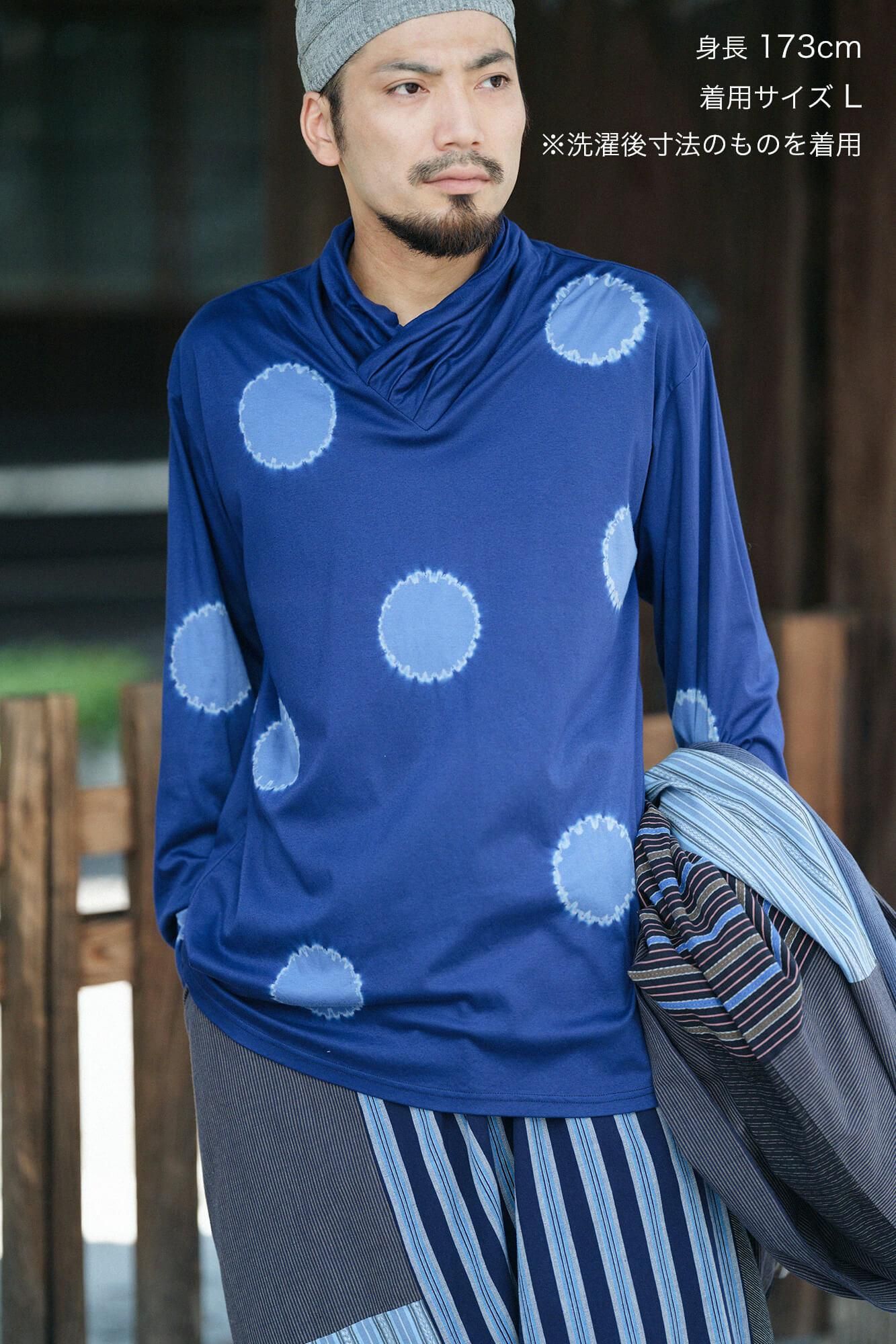 近清紮染 雙面編 高領上衣/大圓點 寶藍色×淺紫色