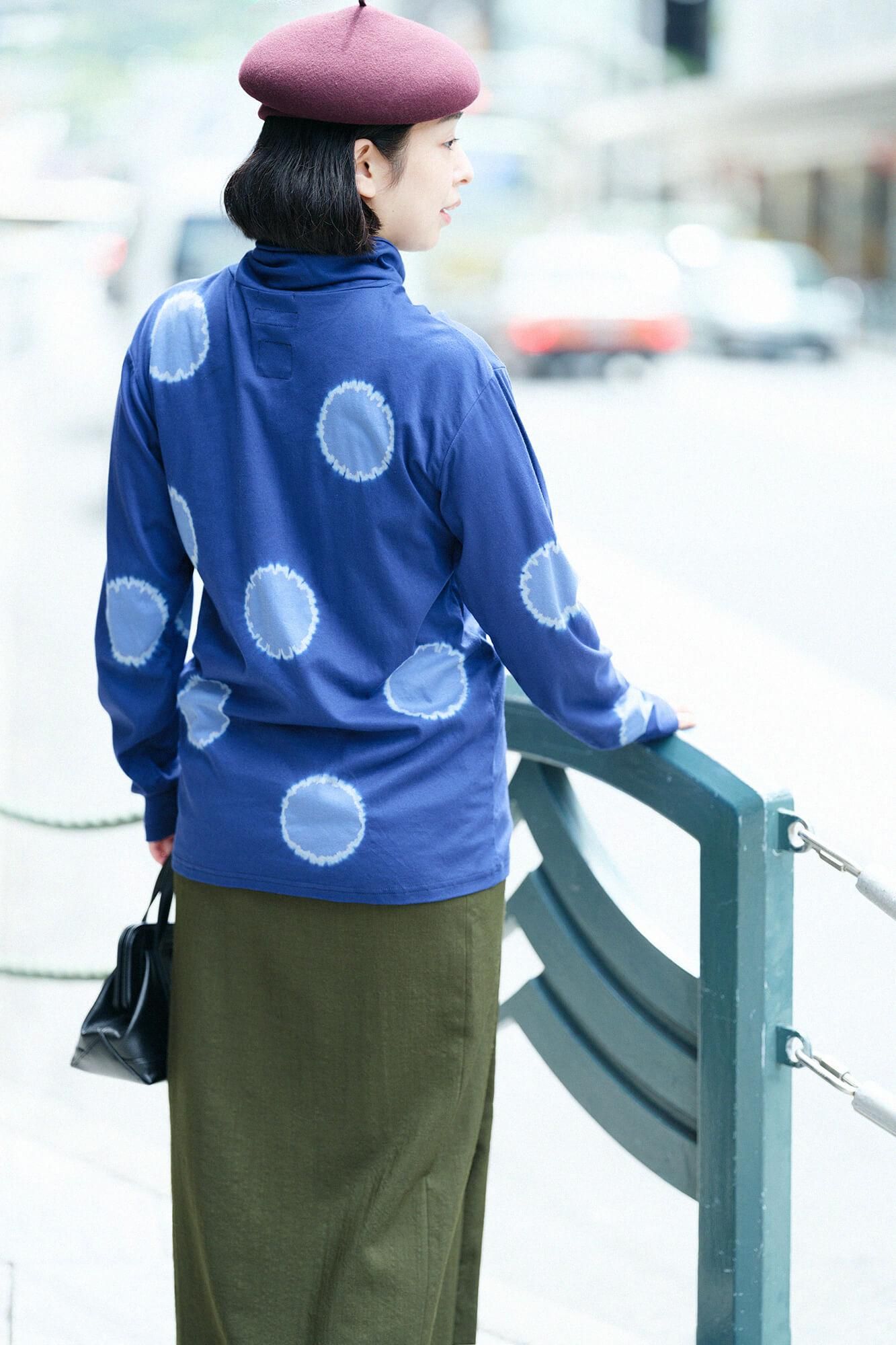 近清紮染 雙面編 高領上衣/大圓點 寶藍色×淺紫色