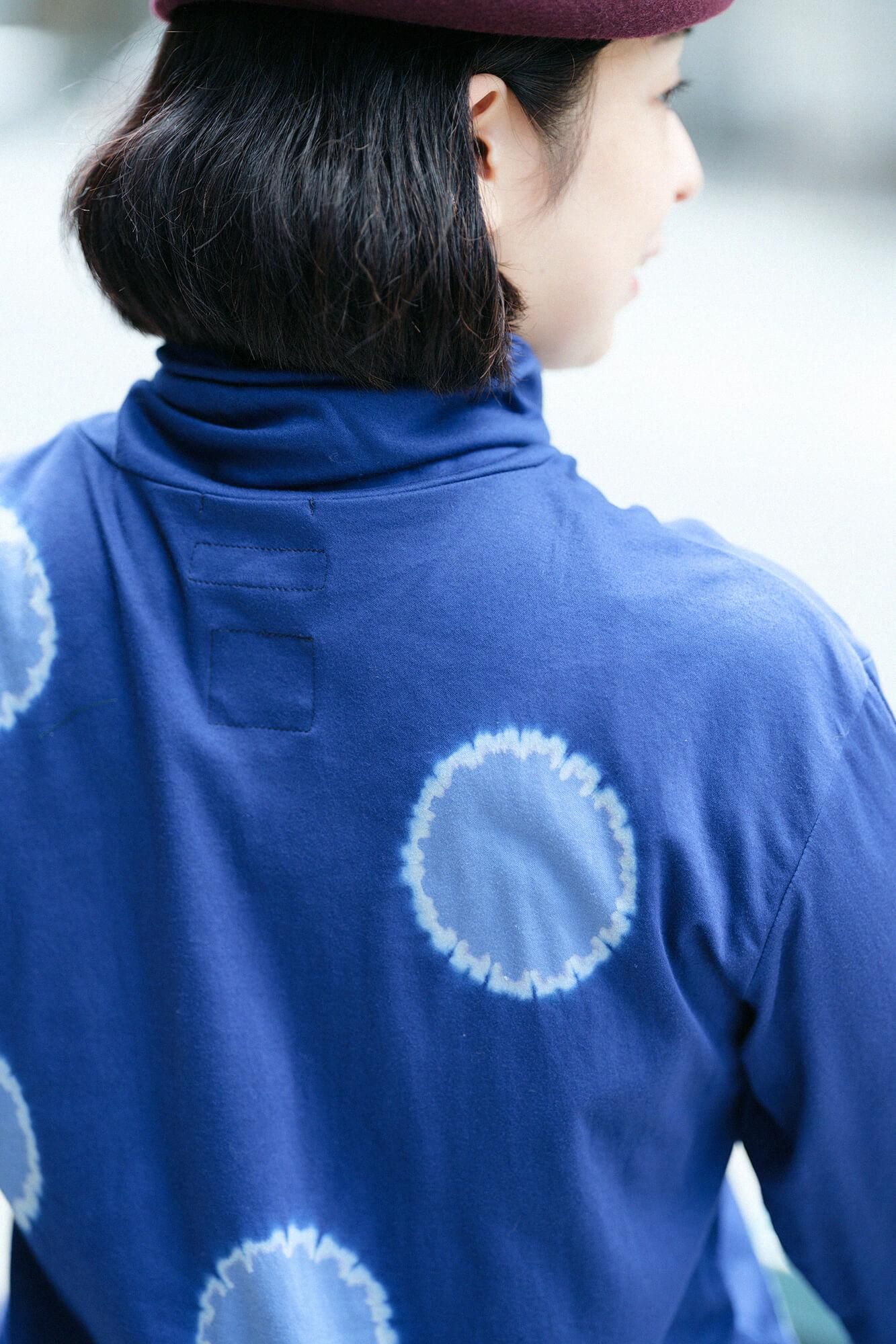 近清紮染 雙面編 高領上衣/大圓點 寶藍色×淺紫色