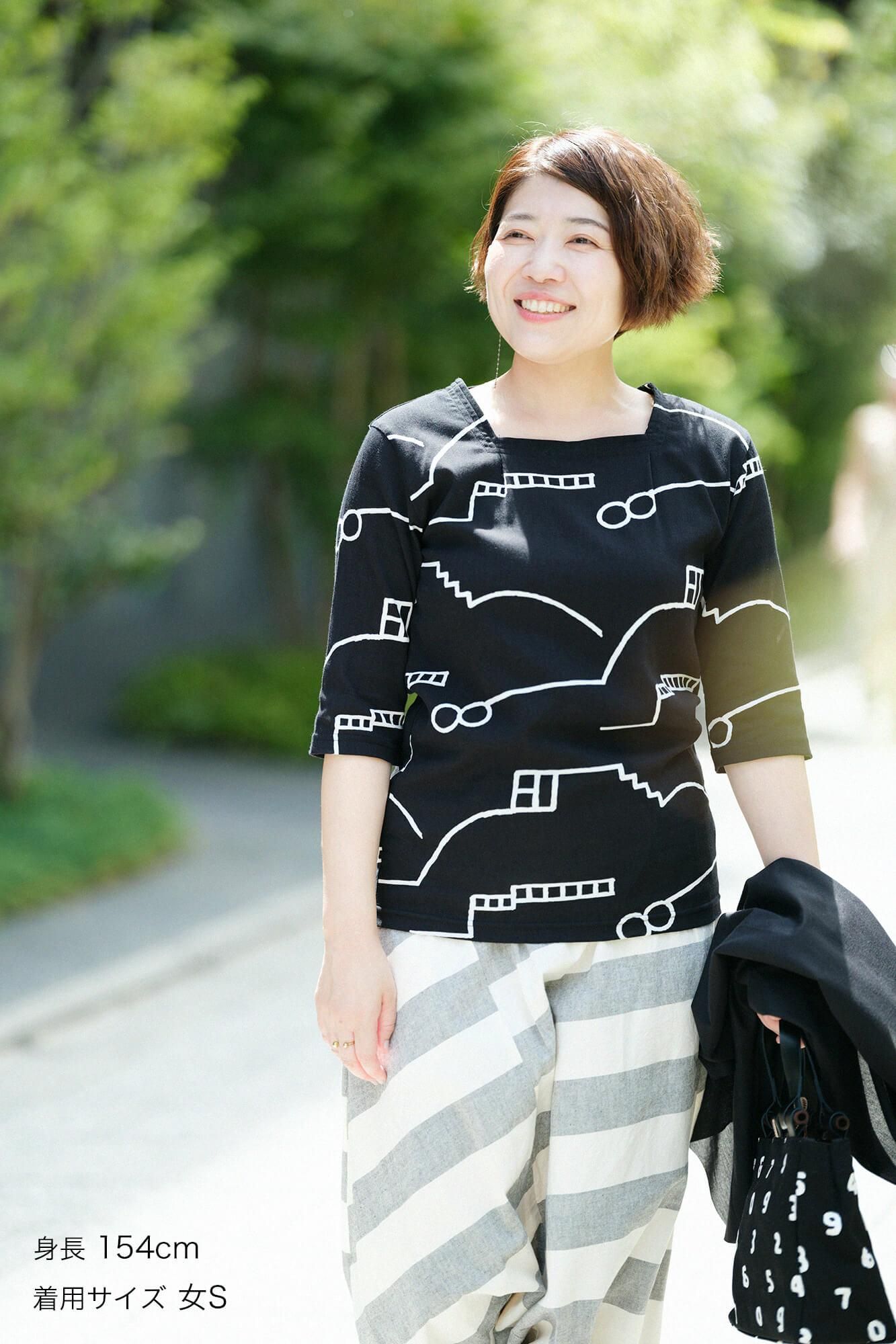 【net limited】Chizimi Cotton 40/40 Square Neck Shirt Elbow Length Sleeve/Chari Black