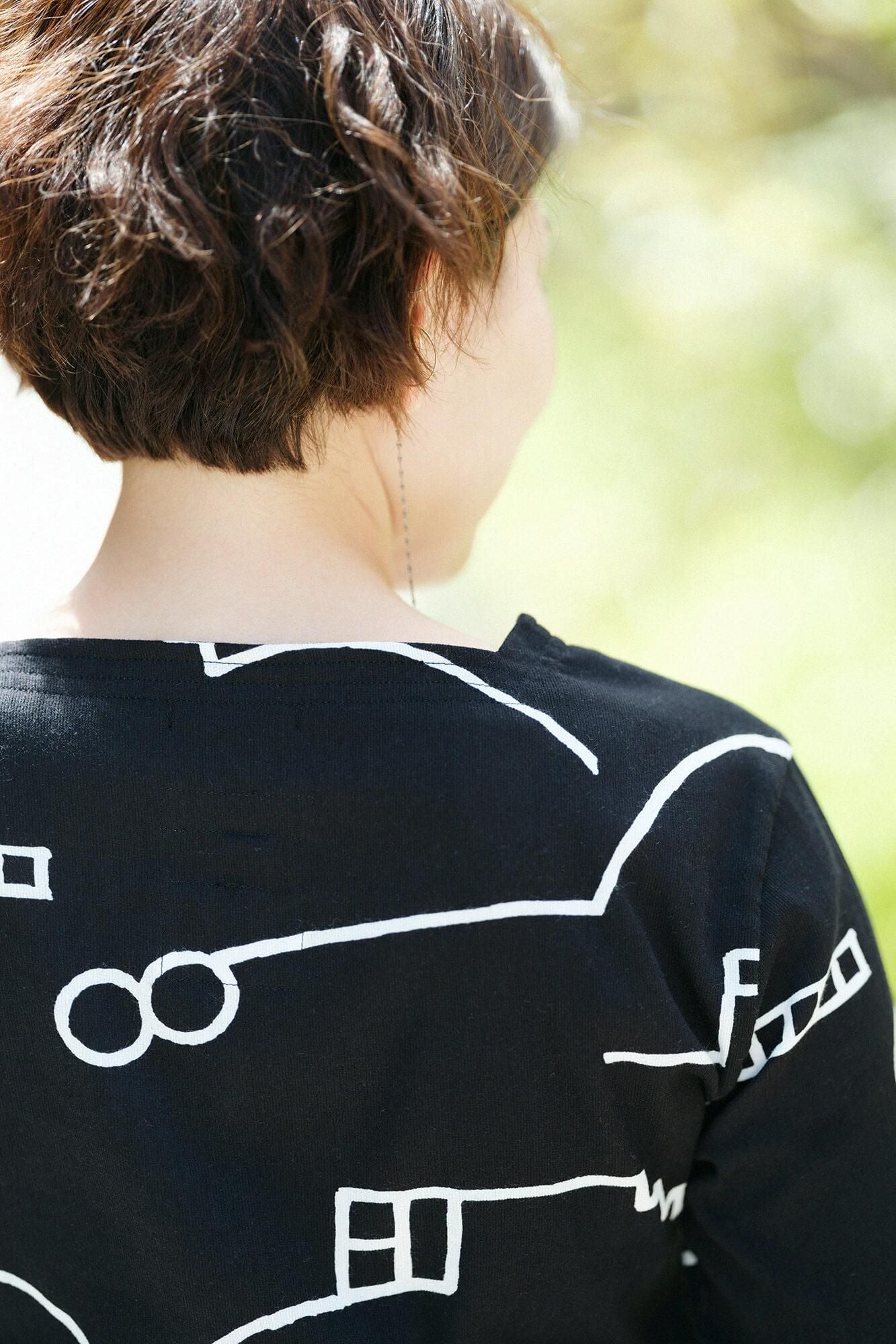 【net limited】Chizimi Cotton 40/40 Square Neck Shirt Elbow Length Sleeve/Chari Black