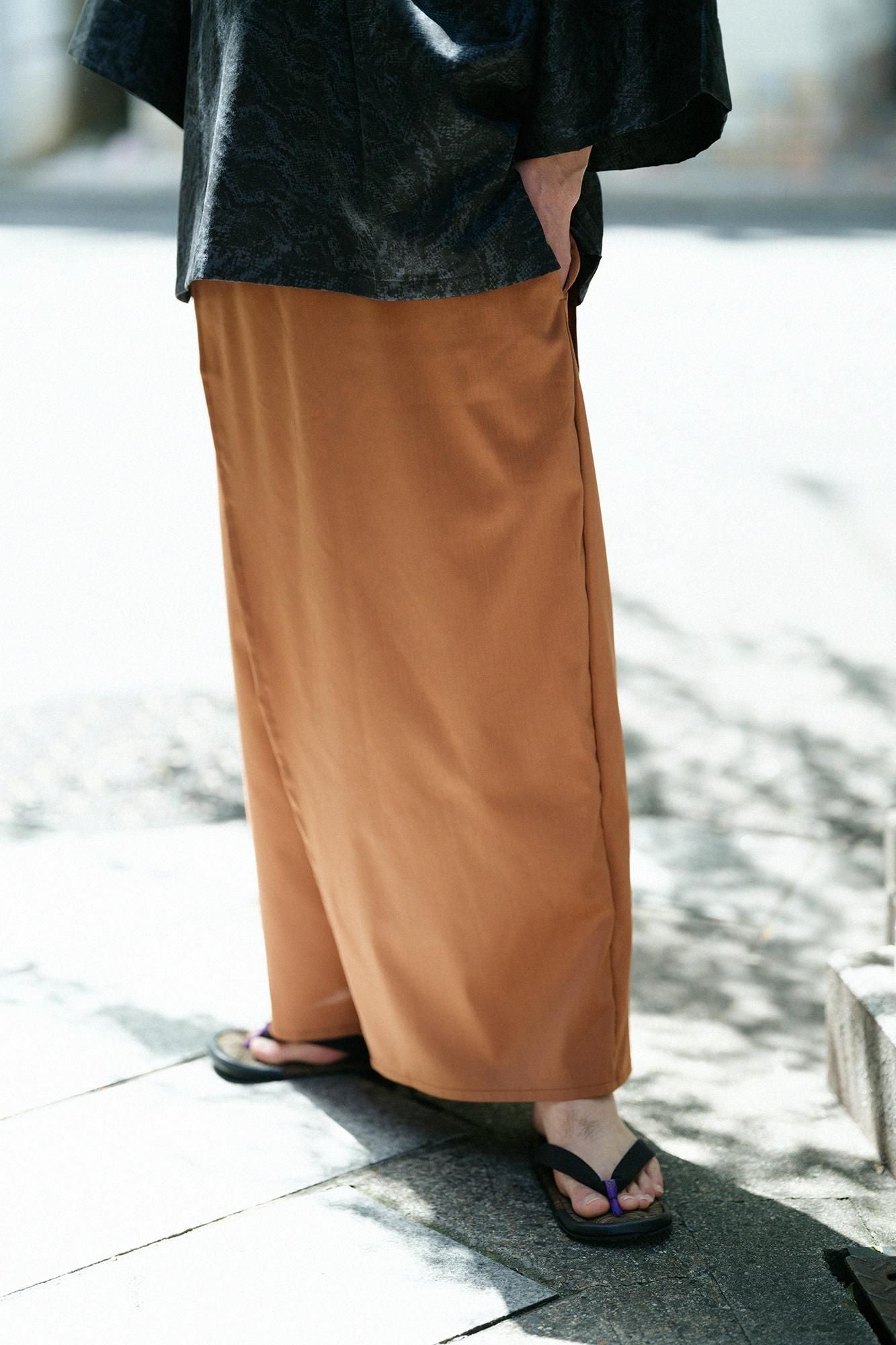 伸 麻混紡 和服褲裝/柿茶色