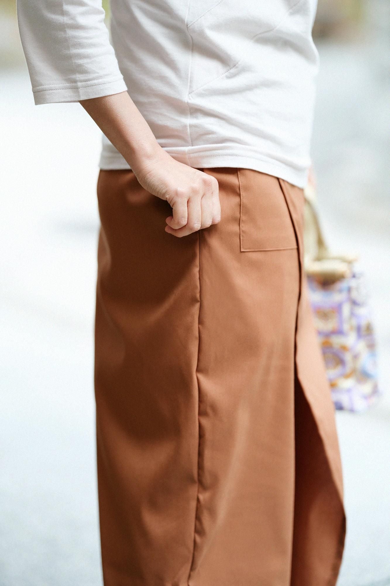 伸 麻混紡 和服褲裝/柿茶色