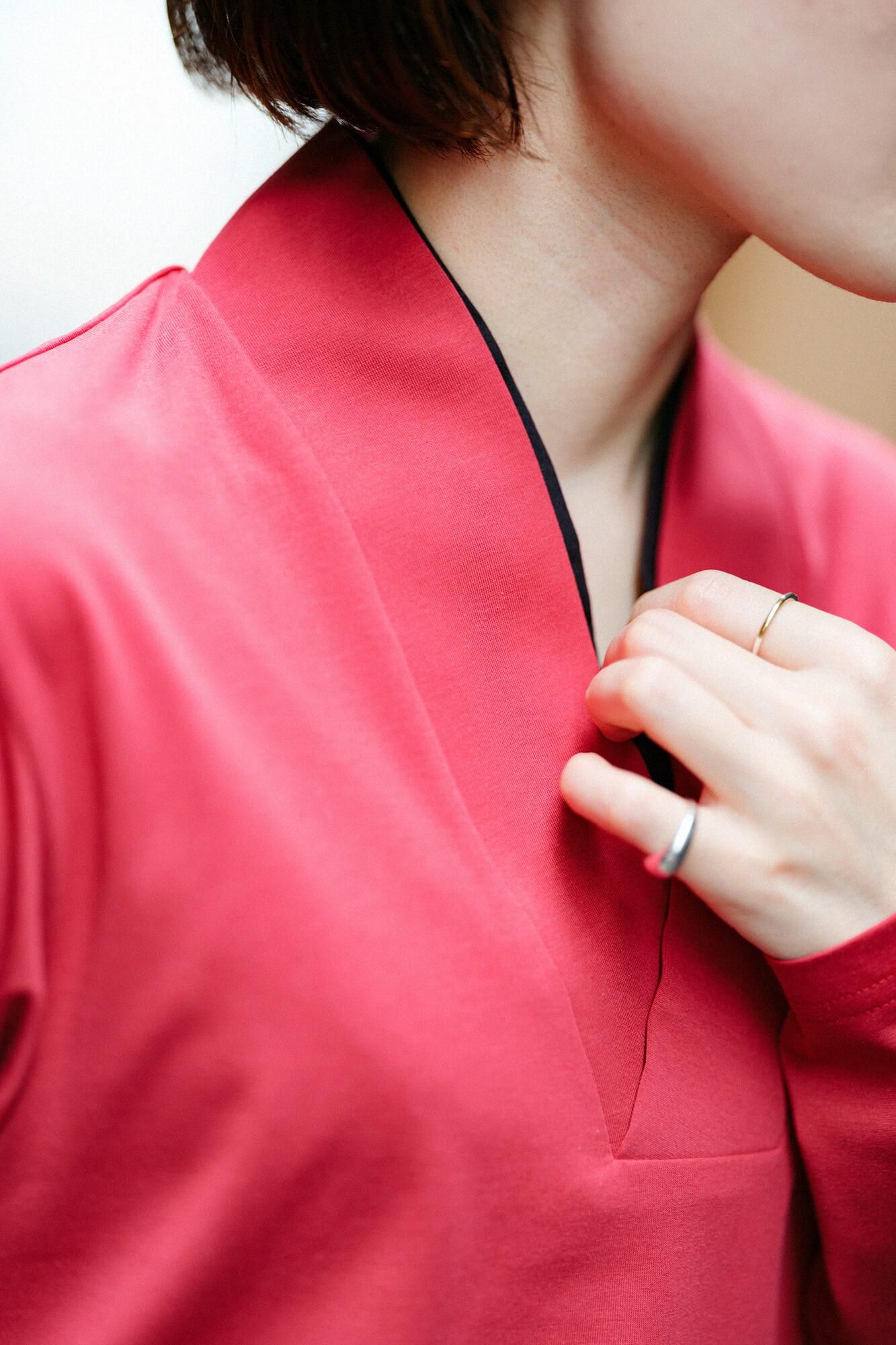 110雙線 超長棉 半衿狹風靡 長袖上衣 拔衣紋/深紅色