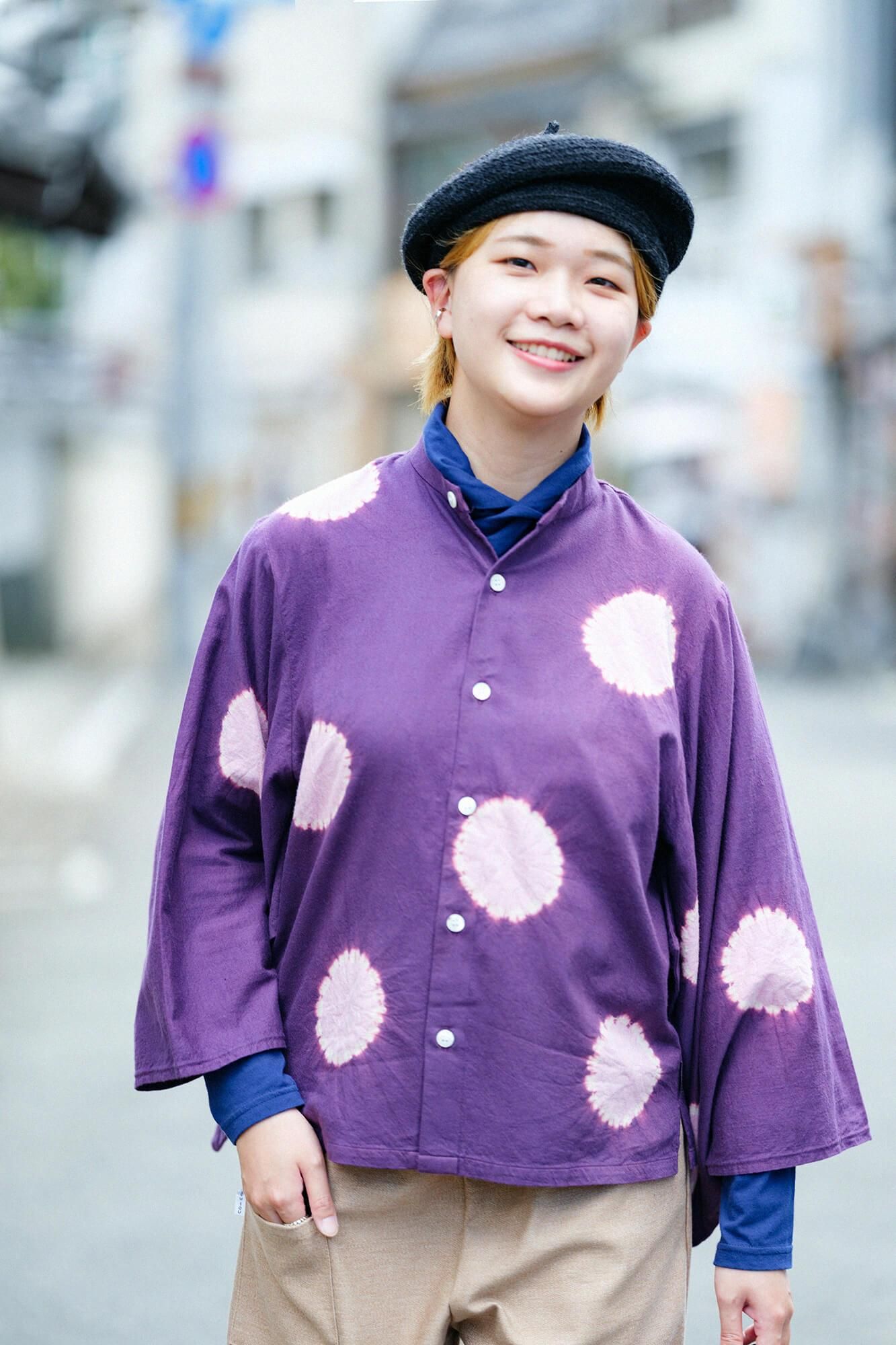 Konsei Tie-dye Cotton-wool Twill Weave Kimono Sleeve Blouse / Large Polka Dots Dark Purple x Pink