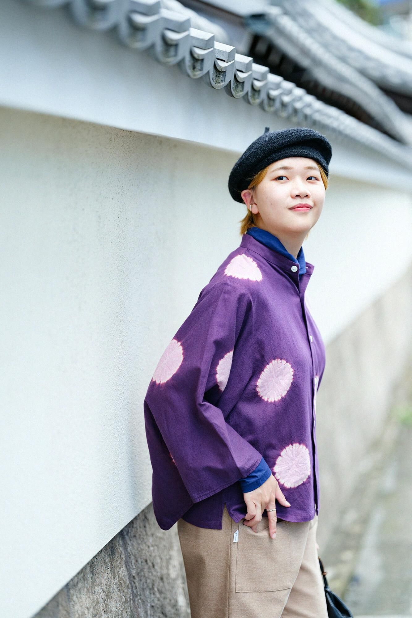 Konsei Tie-dye Cotton-wool Twill Weave Kimono Sleeve Blouse / Large Polka Dots Dark Purple x Pink