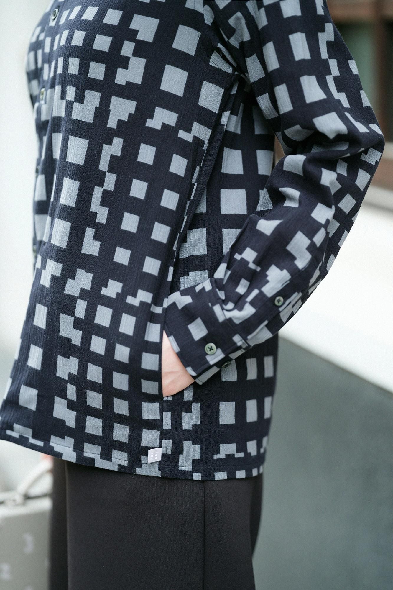 Chizimi Cotton 20/20 Stand Collar Long-sleeved Shirt SP/ Bamboo Lattices