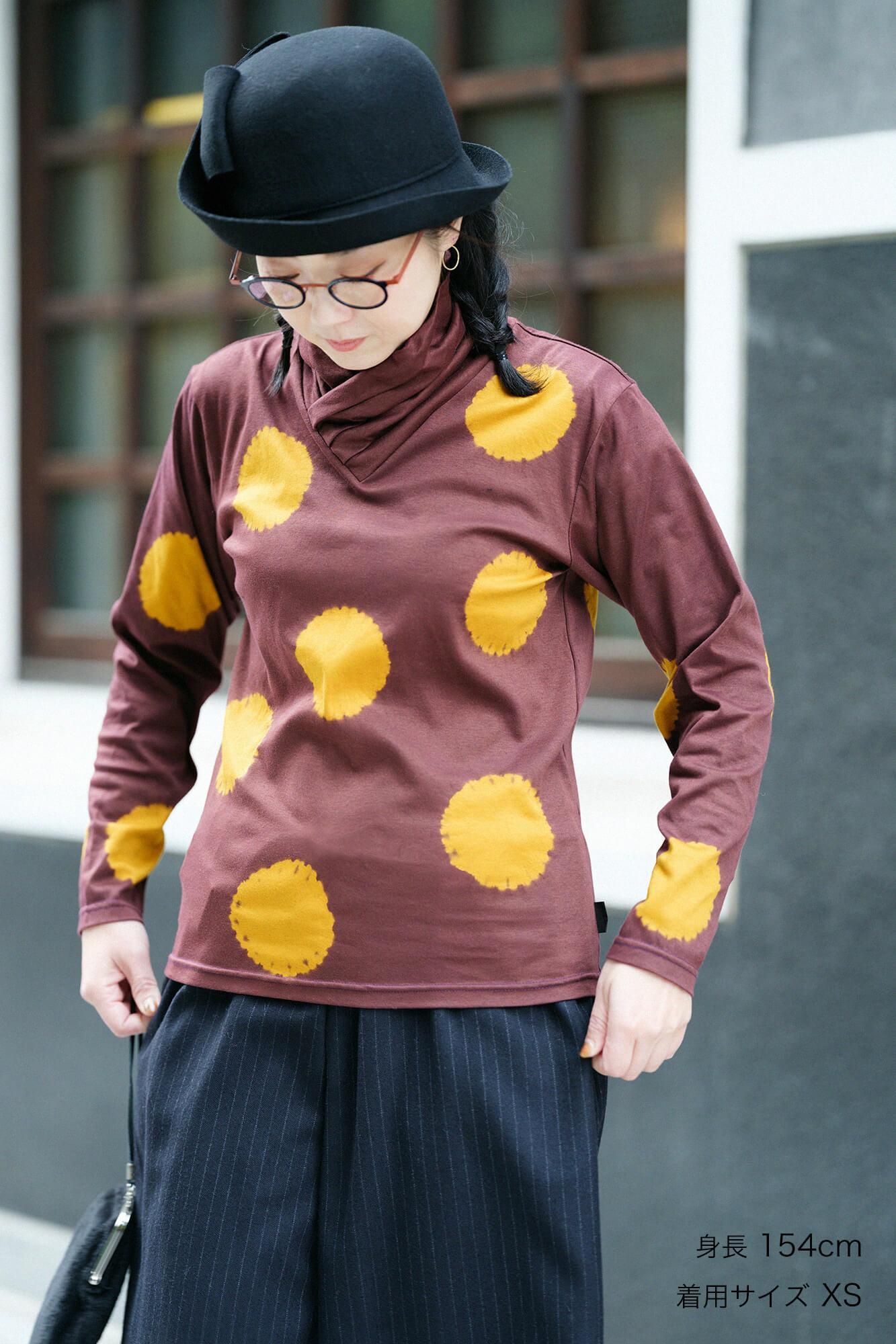 近清紮染 雙面編 高領上衣/大圓點 棕色×琥珀色