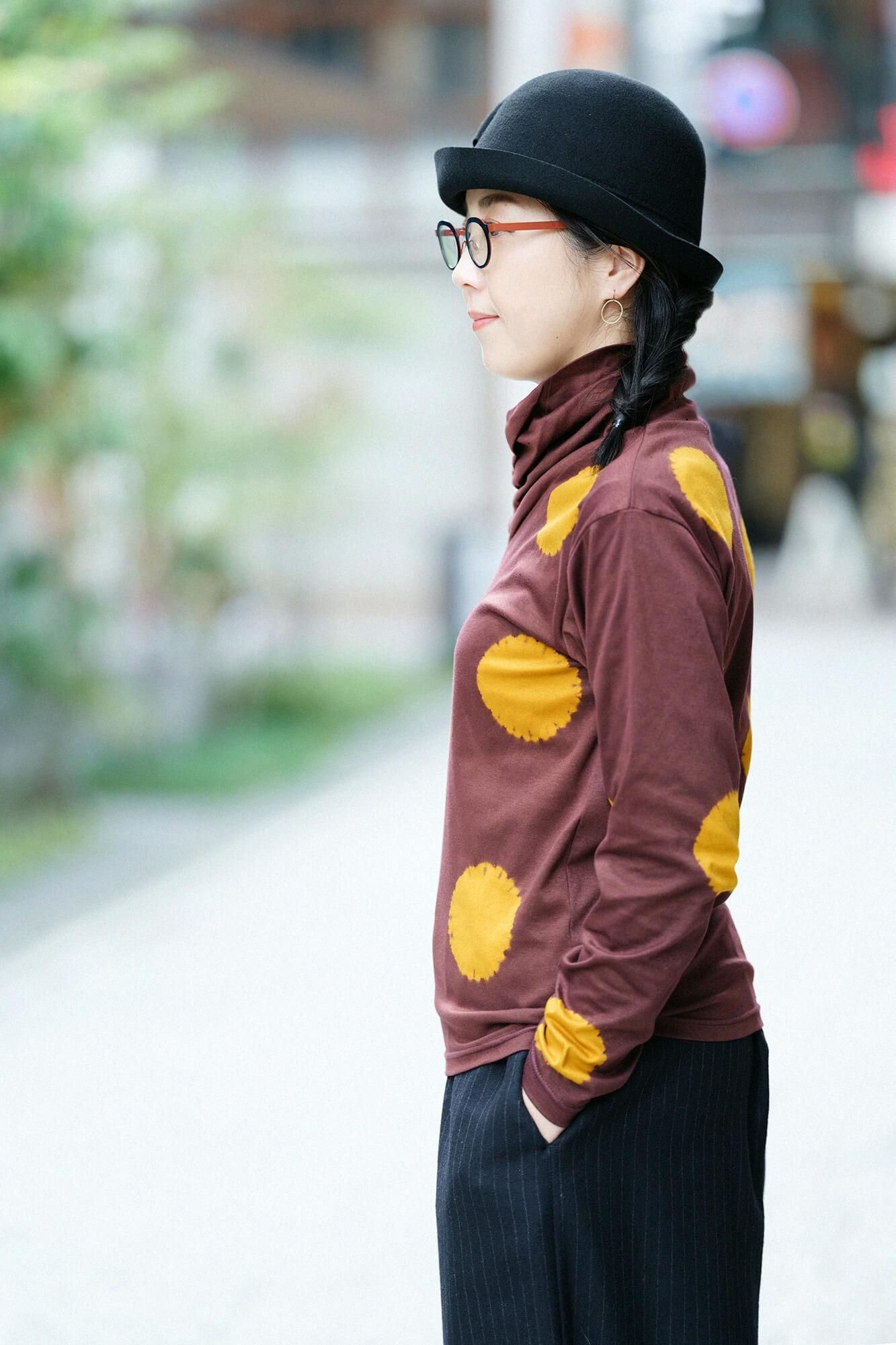 近清紮染 雙面編 高領上衣/大圓點 棕色×琥珀色