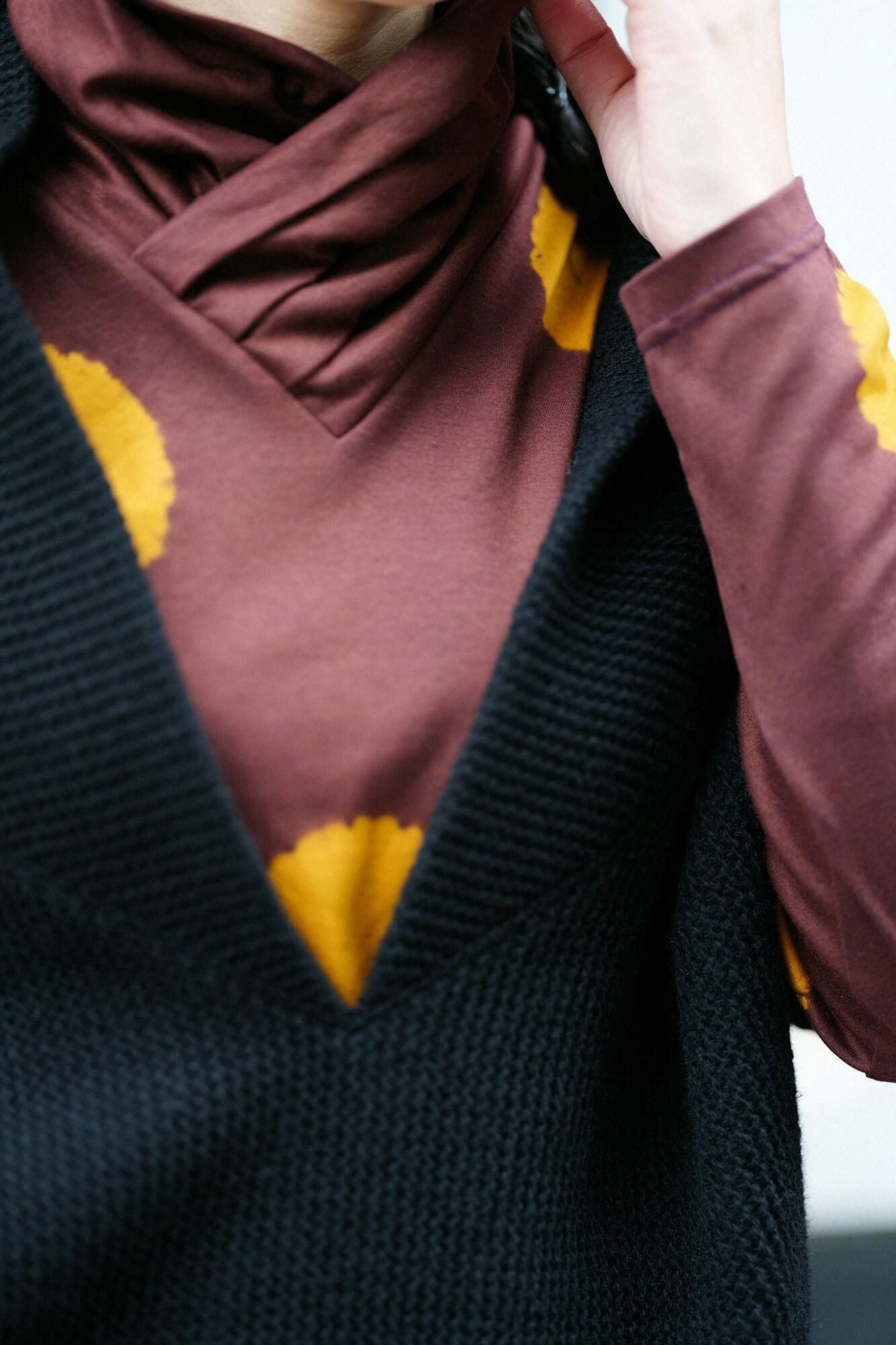 近清紮染 雙面編 高領上衣/大圓點 棕色×琥珀色