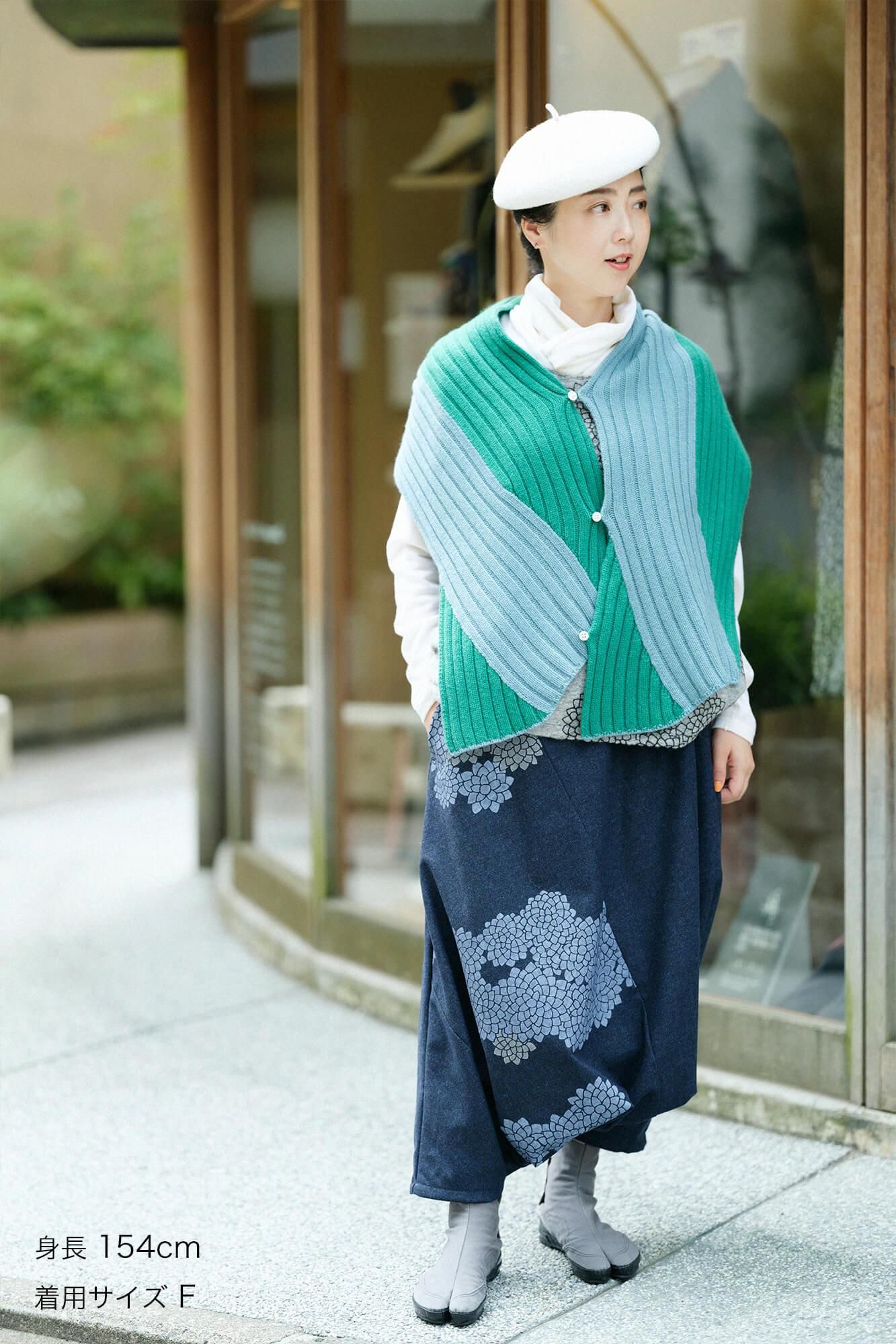 SOU・SOU×ALPHA羊絨枯山水圍巾/藍綠色×綠青色