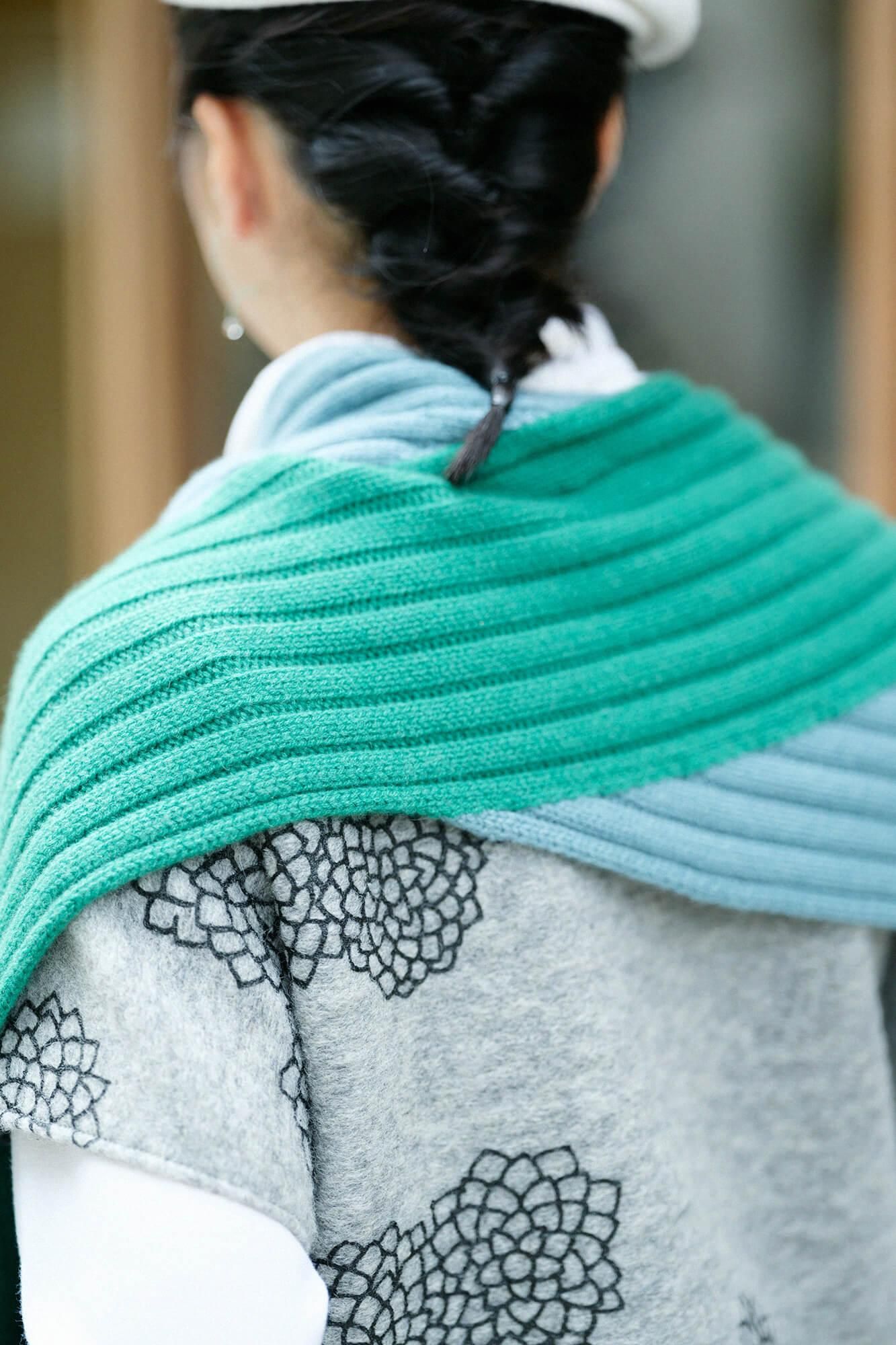 SOU・SOU×ALPHA羊絨枯山水圍巾/藍綠色×綠青色