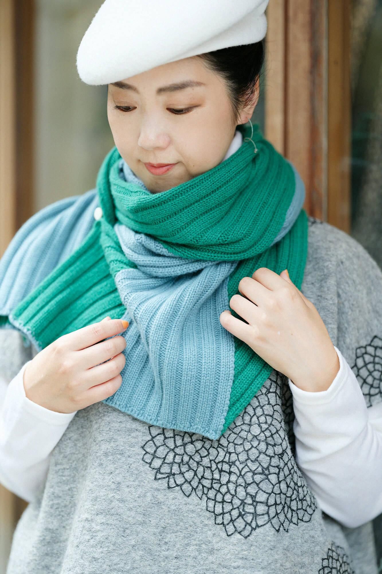 SOU・SOU×ALPHA羊絨枯山水圍巾/藍綠色×綠青色