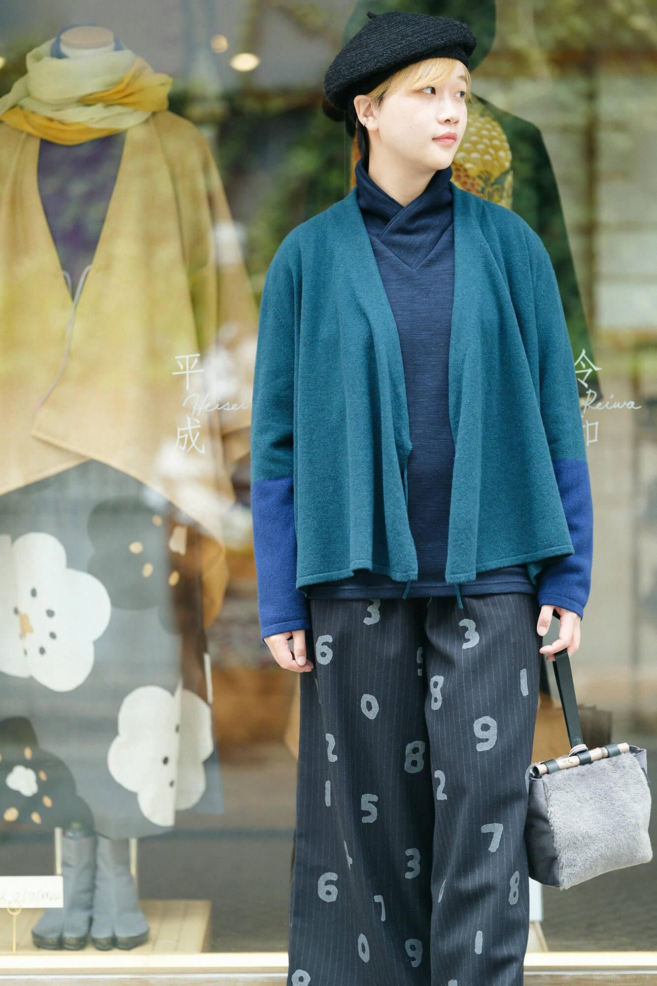 SOU・SOU× 알파 캐시미어 색이 다른소매 마키에리(다른 녹색 칼라)/깊이 녹색 바디 (깊이 녹색 바디)