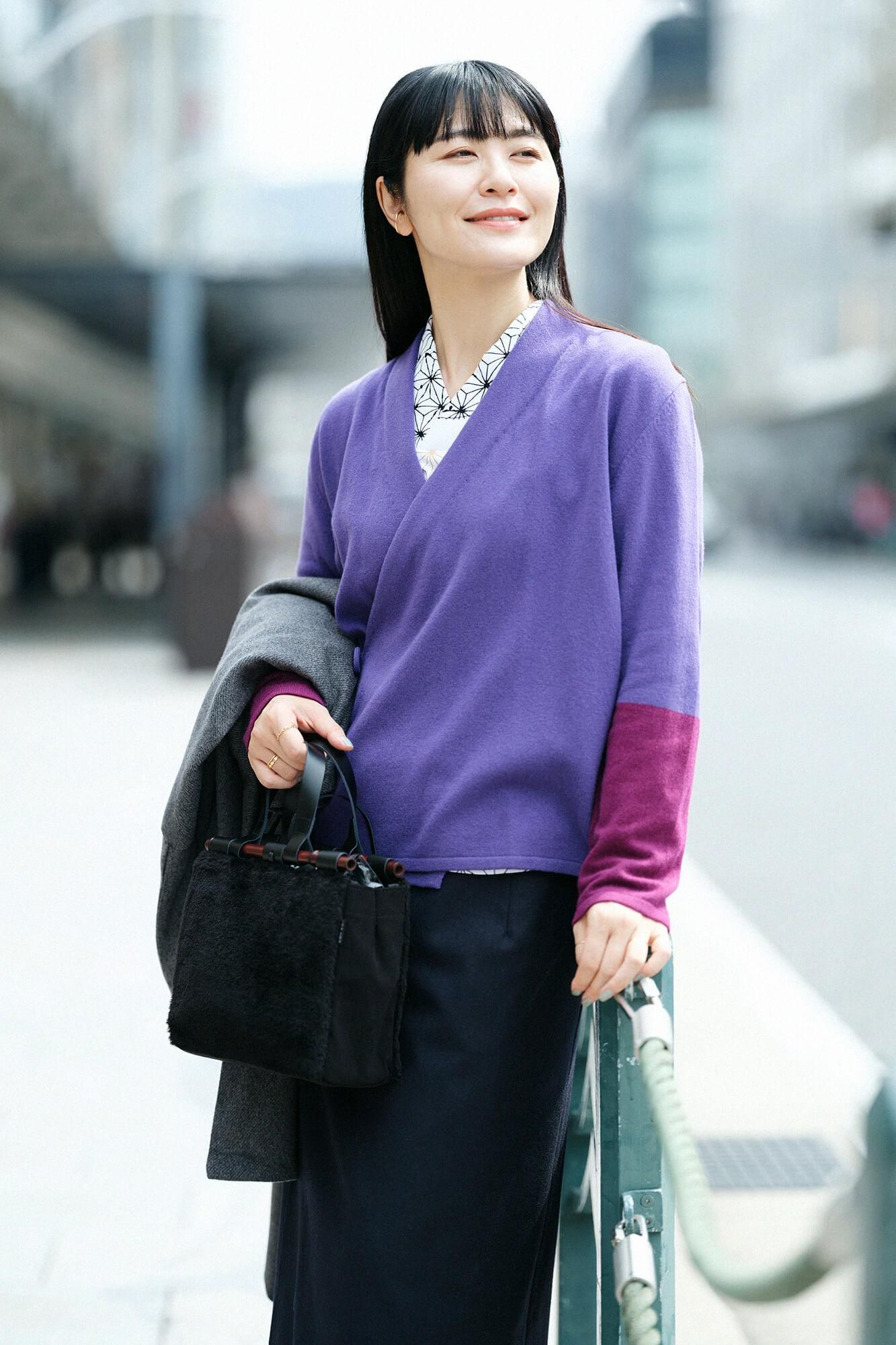 SOU・SOU×ALPHA Cashmere Bi-color Sleeve Kimono Sweater / Purple Body