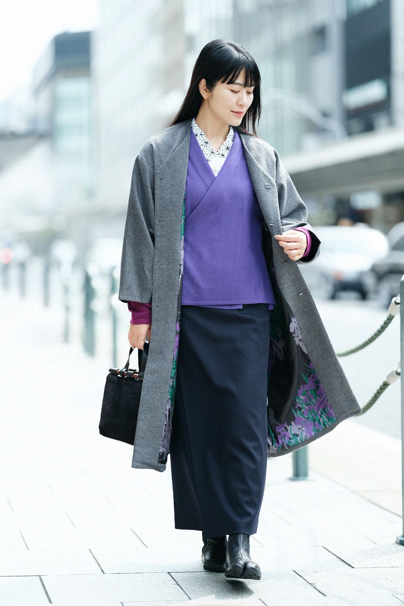 SOU・SOU×ALPHA Cashmere Bi-color Sleeve Kimono Sweater / Purple Body