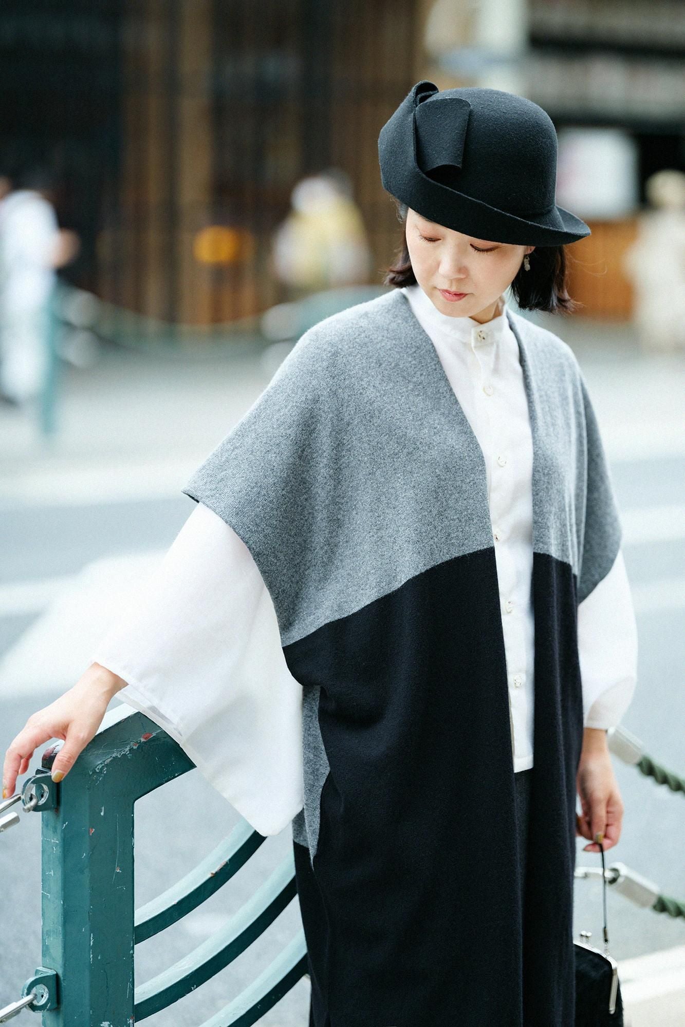 SOU・SOU×ALPHA 羊絨混紡 長方形洋裝 拼接 雙色/灰墨色×黑色