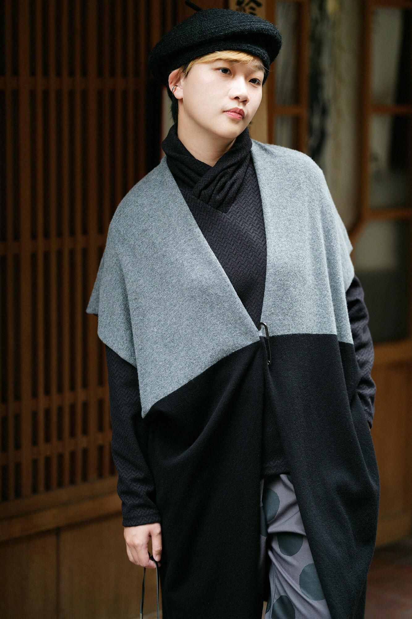 SOU・SOU×ALPHA 羊絨混紡 長方形洋裝 拼接 雙色/灰墨色×黑色