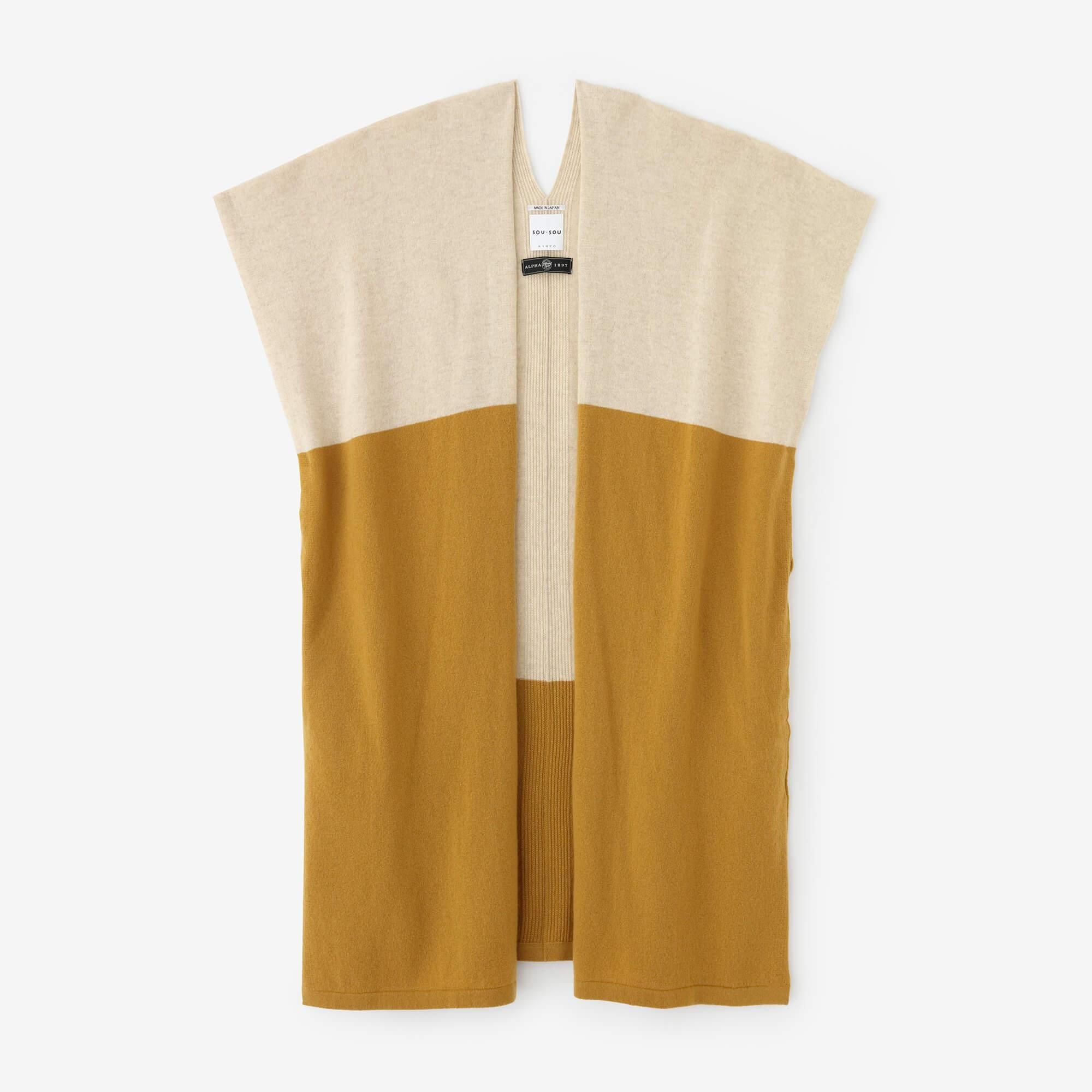 SOU・SOU×ALPHA Cashmere Blended Rectangular Long Open Vest Bi-color / Beidge×Yellow