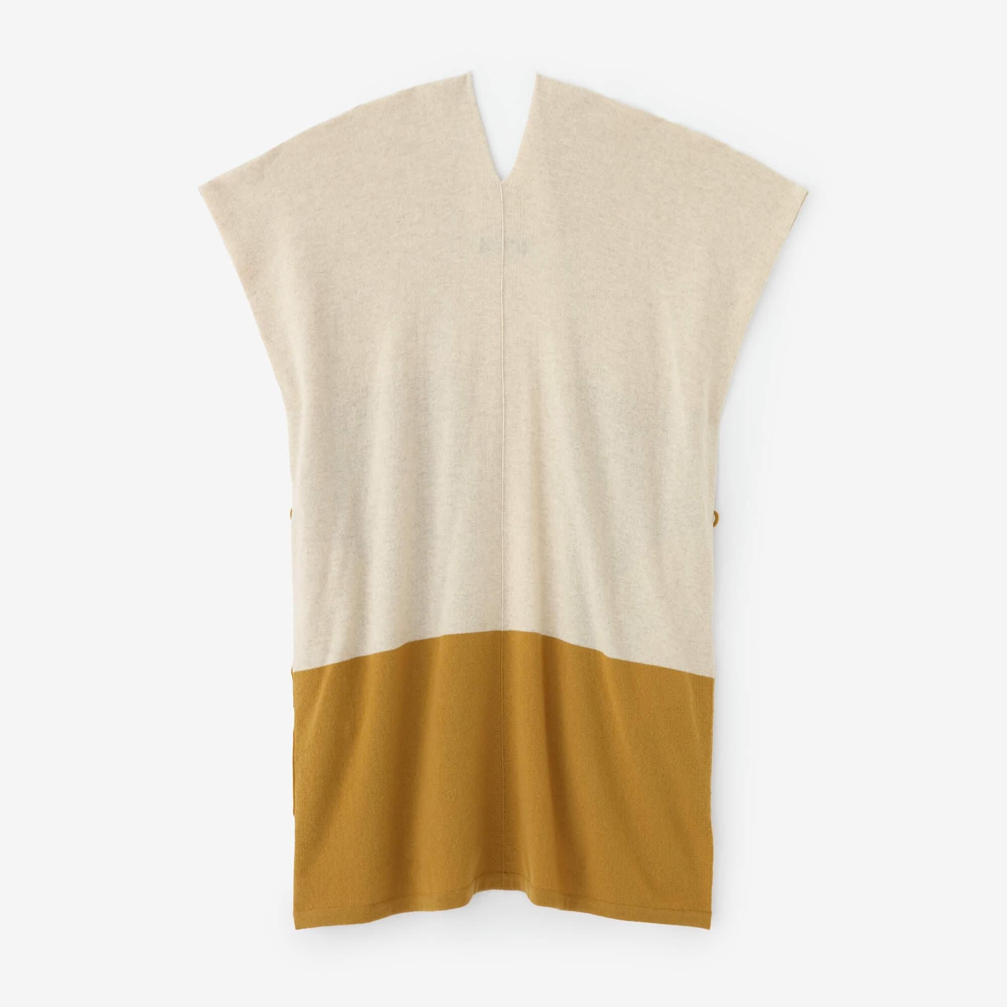 SOU・SOU×ALPHA Cashmere Blended Rectangular Long Open Vest Bi-color / Beidge×Yellow
