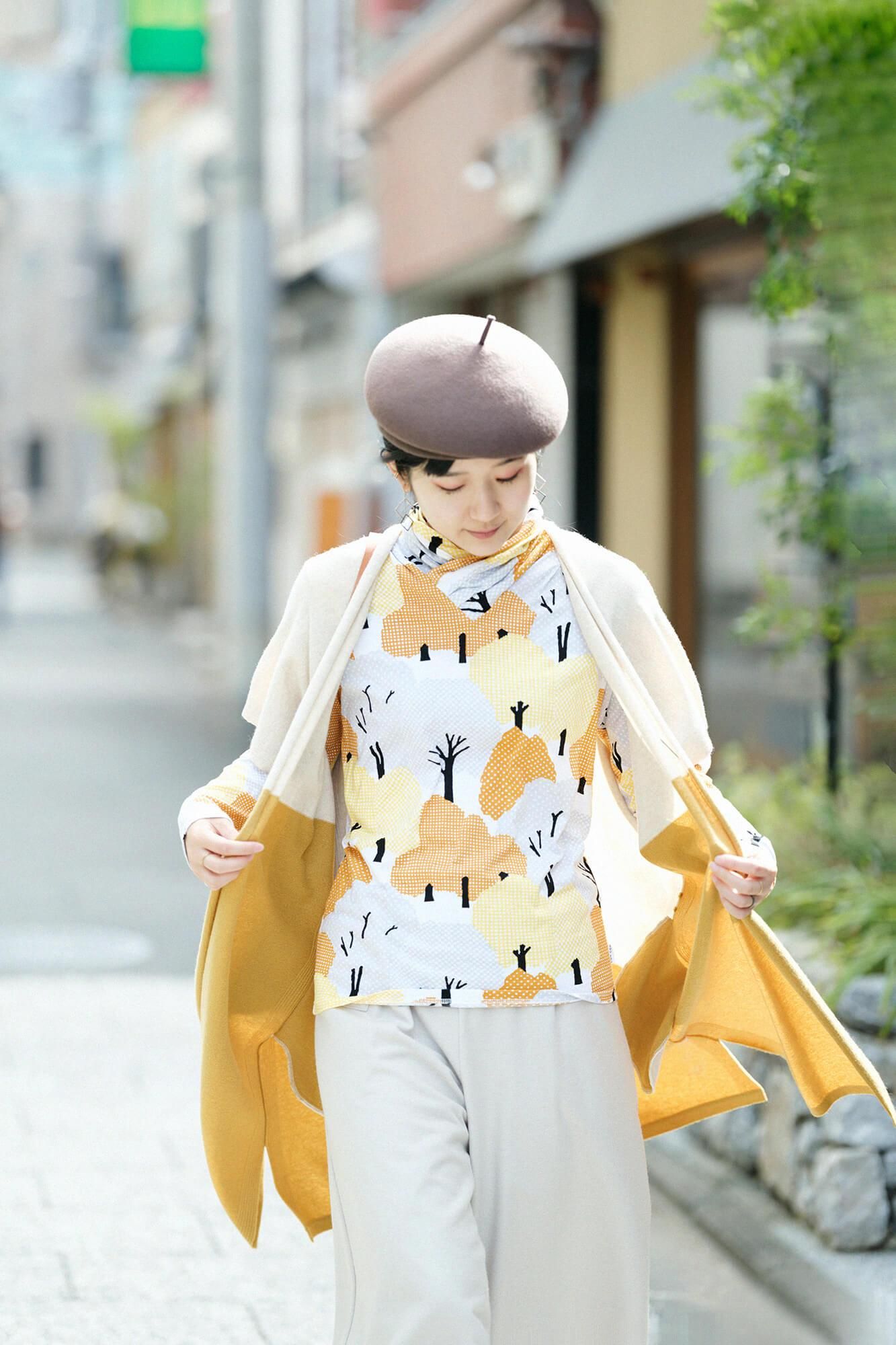 SOU・SOU×ALPHA Cashmere Blended Rectangular Long Open Vest Bi-color / Beidge×Yellow